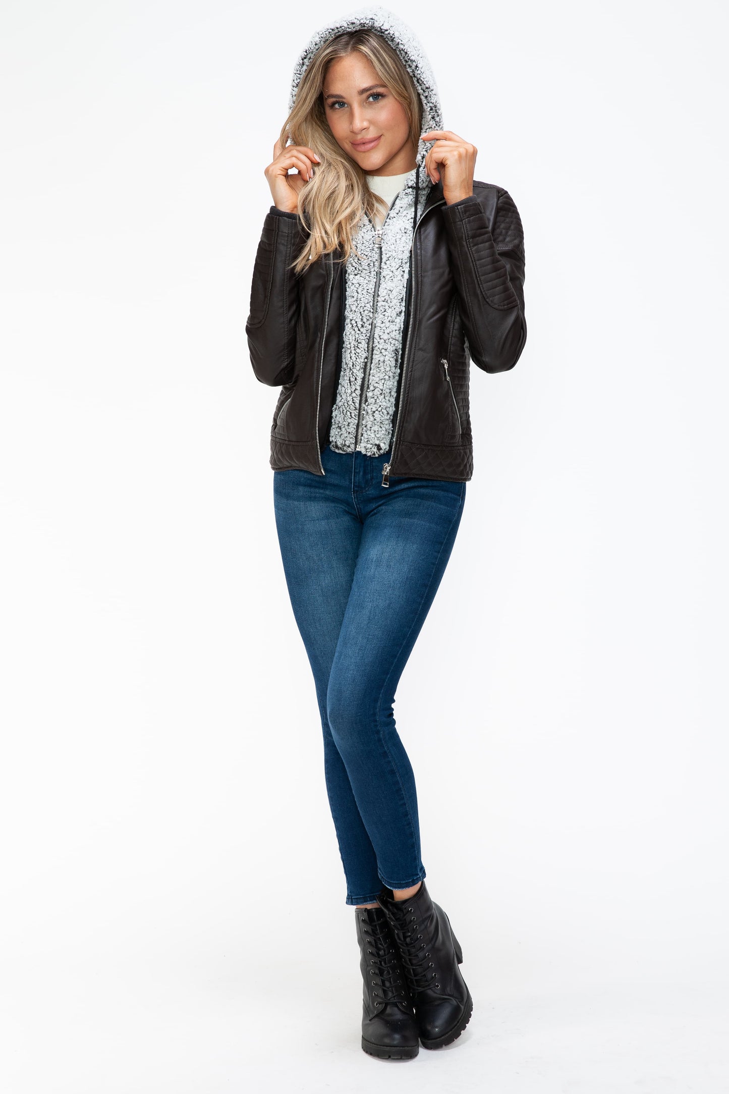 YMI Faux Layered Double-Zipper Jacket with Fuzzy Hood 15966 | Gulf Resellers