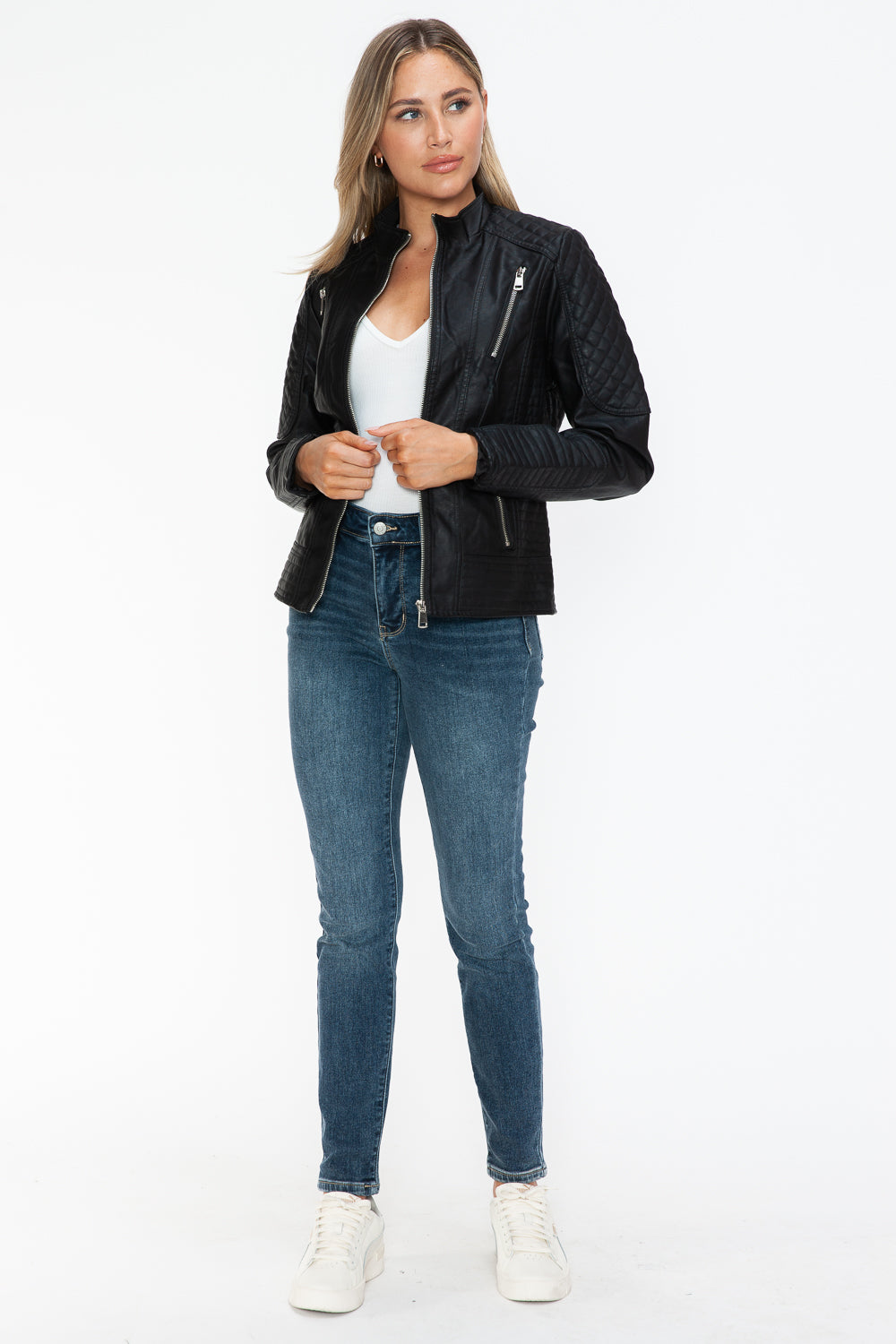 Snobbish Faux Leather Zip Up Mock Neck Jacket 16089 | Gulf Resellers