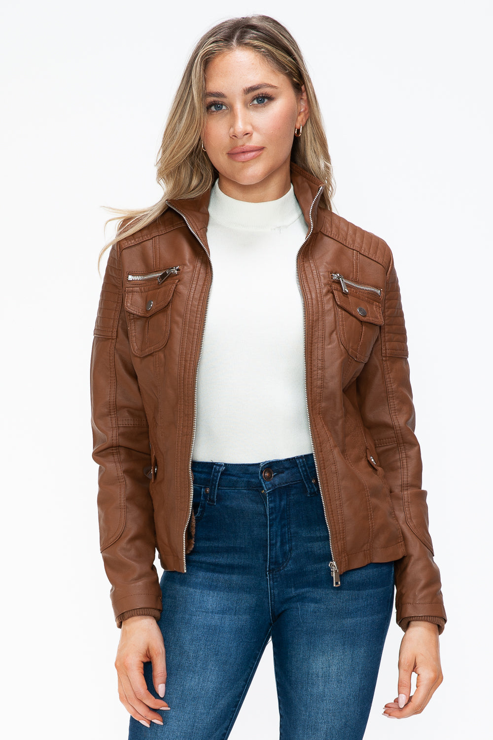 YMI Removable Faux Layered Multi-Pocket Jacket with Fuzzy Hood 15795 | Gulf Resellers