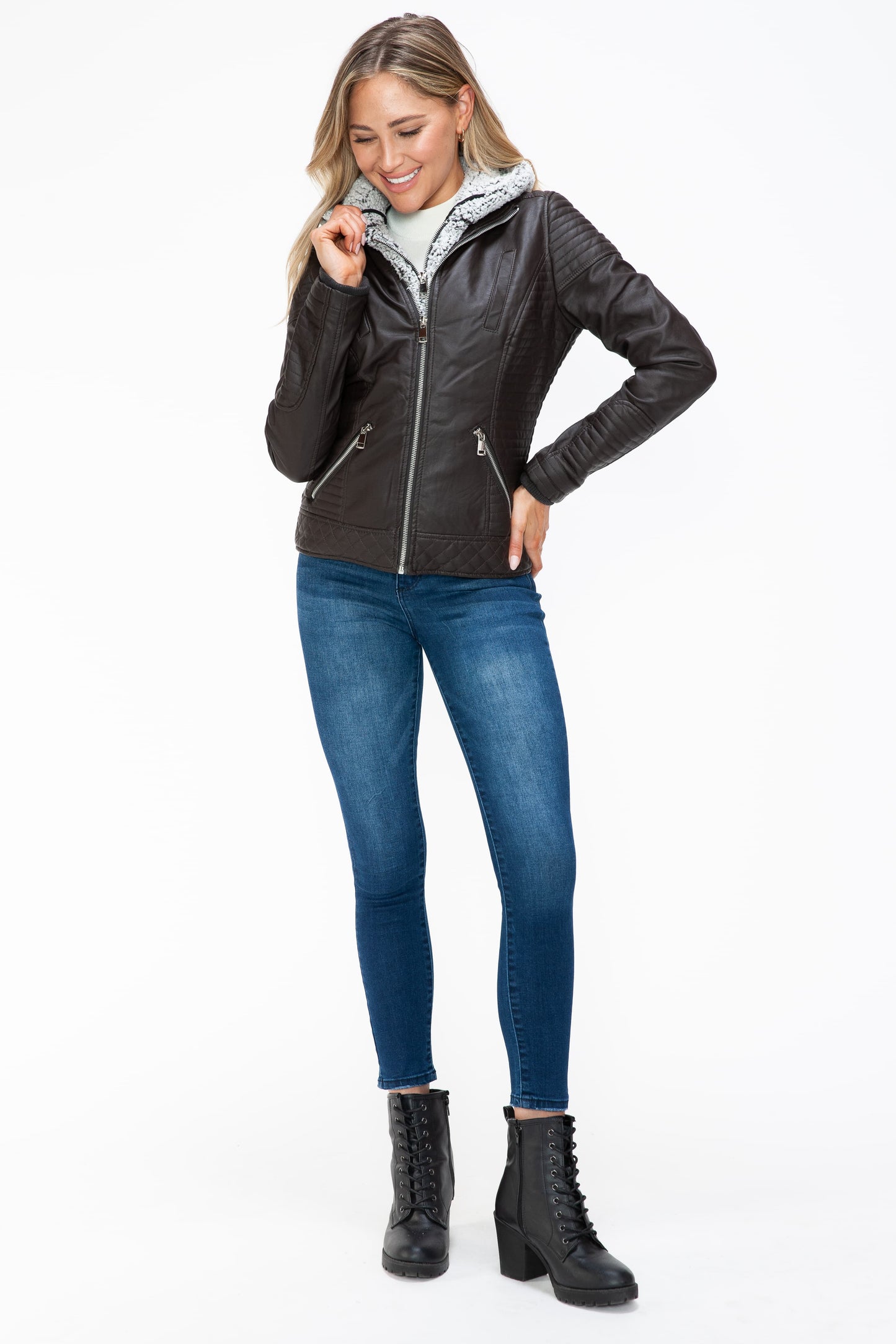 YMI Faux Layered Double-Zipper Jacket with Fuzzy Hood 15965 | Gulf Resellers