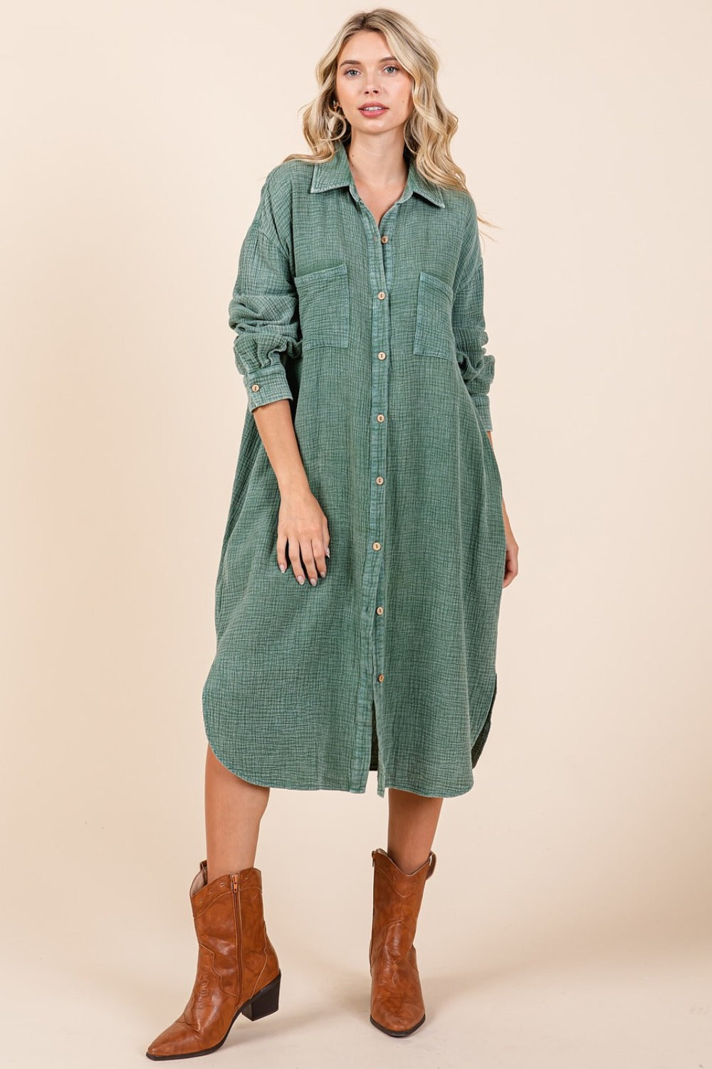Mittoshop Mineral Wash Cotton Gauze Midi Shirt Dress 9491 | Gulf Resellers