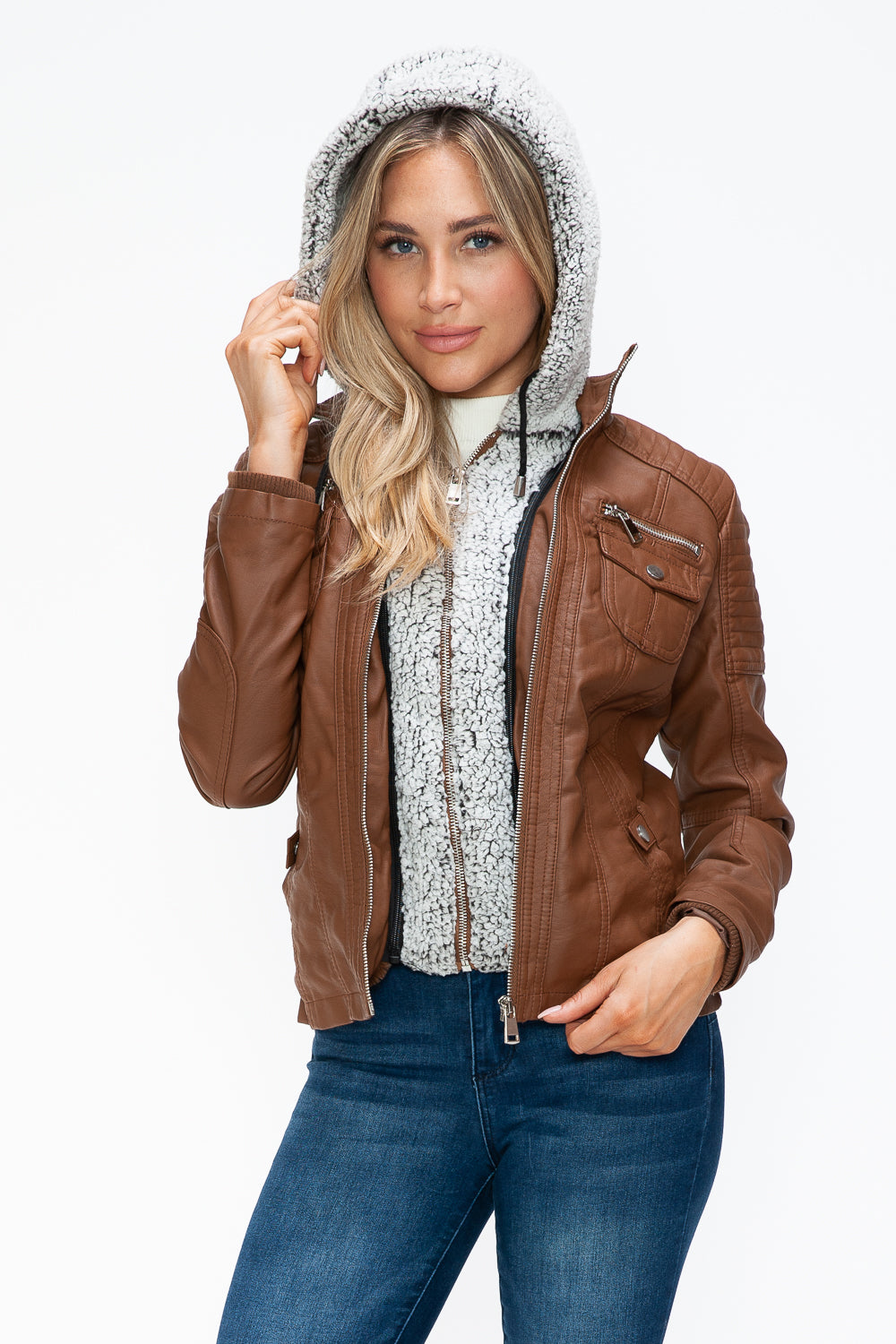 YMI Removable Faux Layered Multi-Pocket Jacket with Fuzzy Hood 15790 | Gulf Resellers