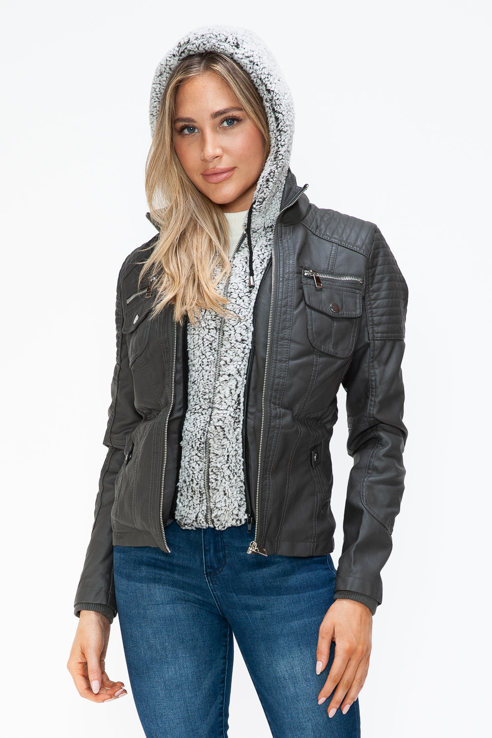 YMI Removable Faux Layered Multi-Pocket Jacket with Fuzzy Hood 15246 | Gulf Resellers