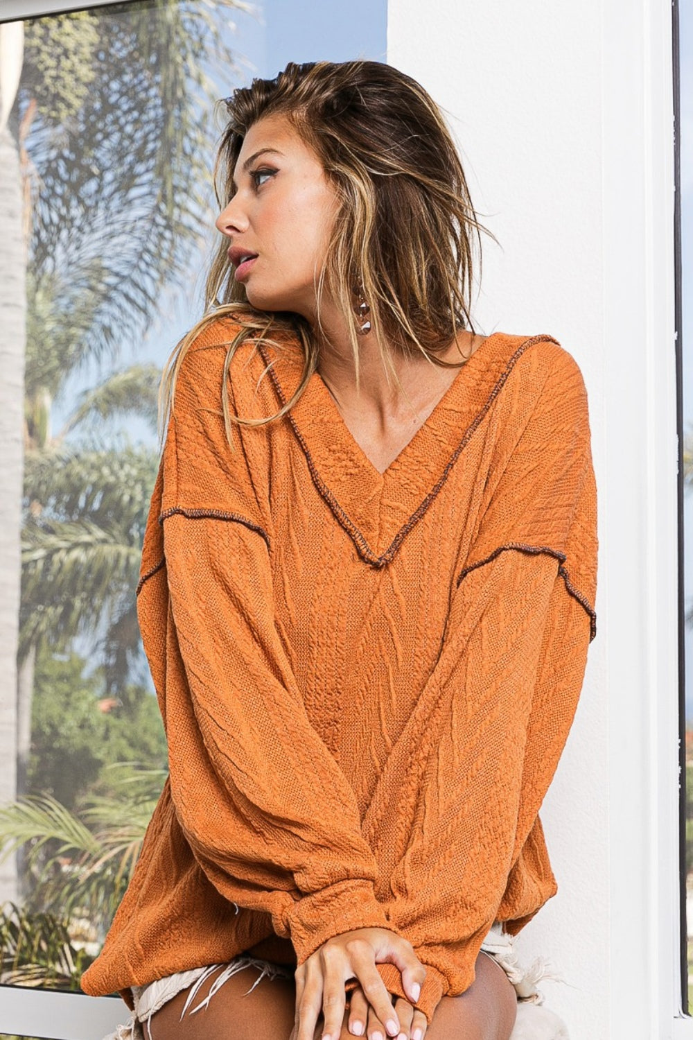 BiBi Textured Exposed Seam Drop Shoulder Knit Top 8221 | Gulf Resellers