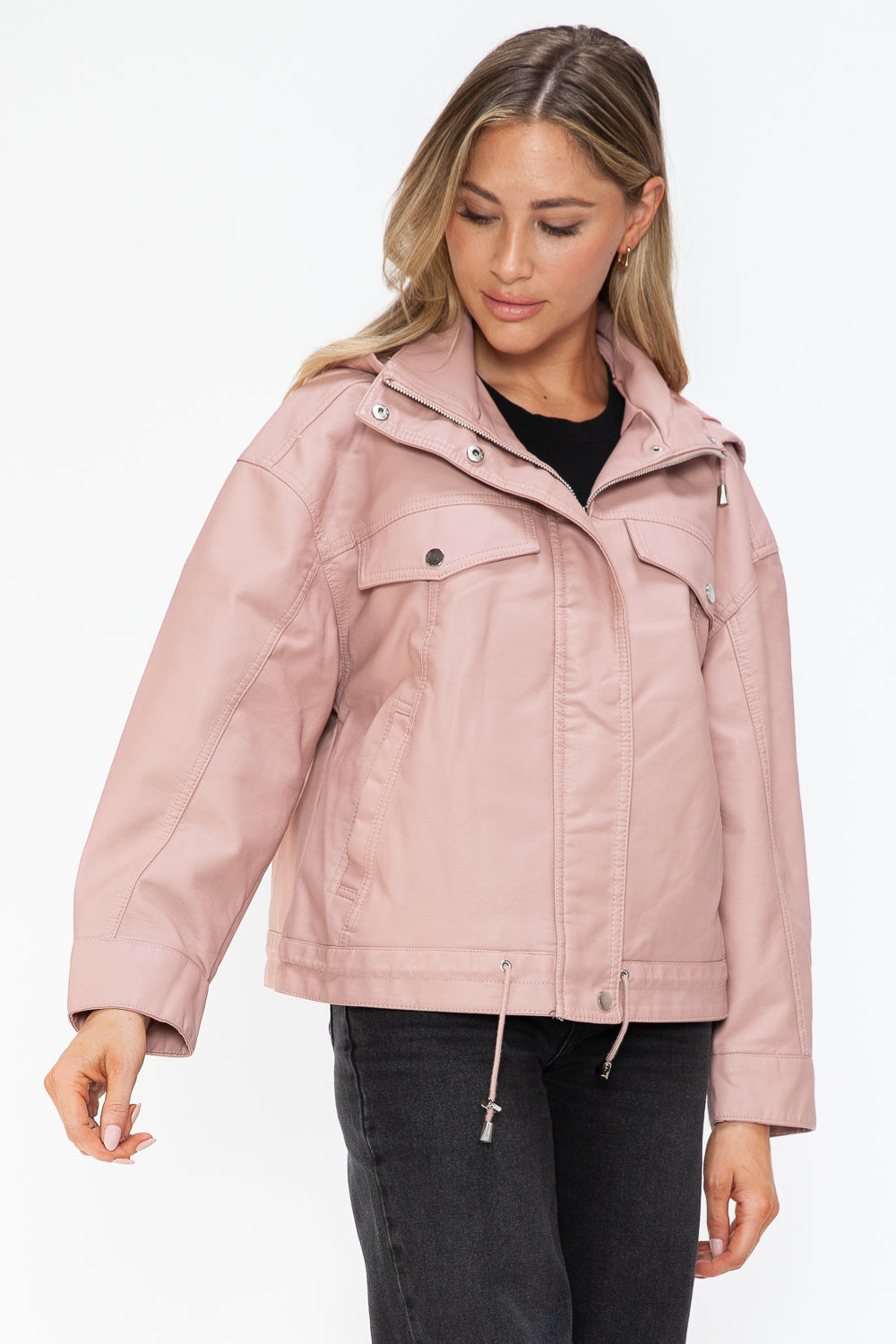 How Dare U Drawstring Hem PU Leather Zip Up Jacket 15546 | Gulf Resellers