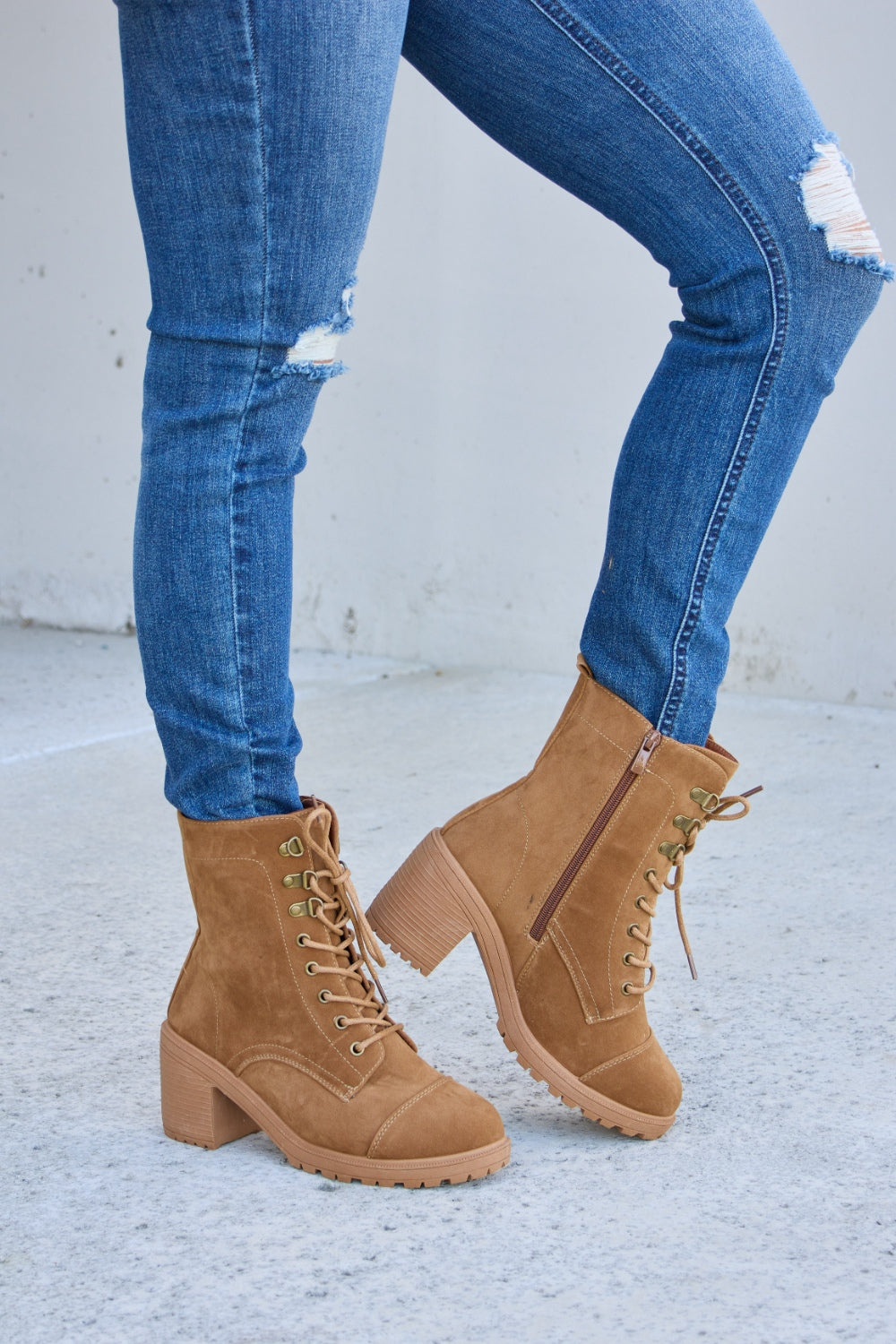 Forever Link Lace-Up Zipper Detail Block Heel Boots | Gulf Resellers