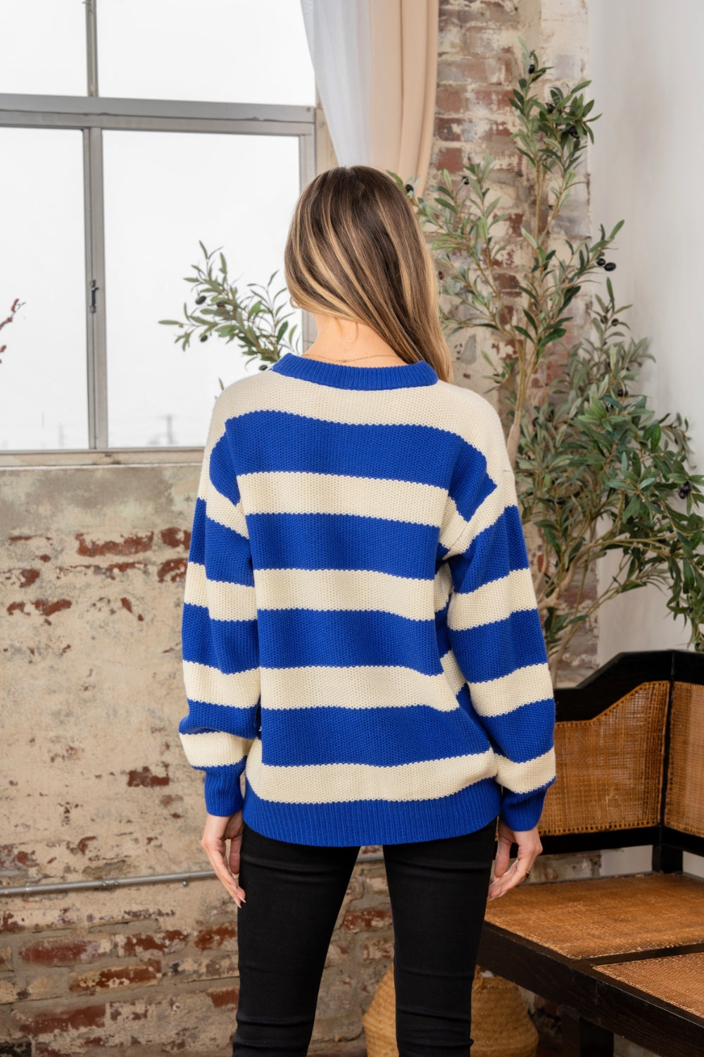 Sew In Love Full Size Contrast Striped Round Neck Sweater 9139 | Gulf Resellers