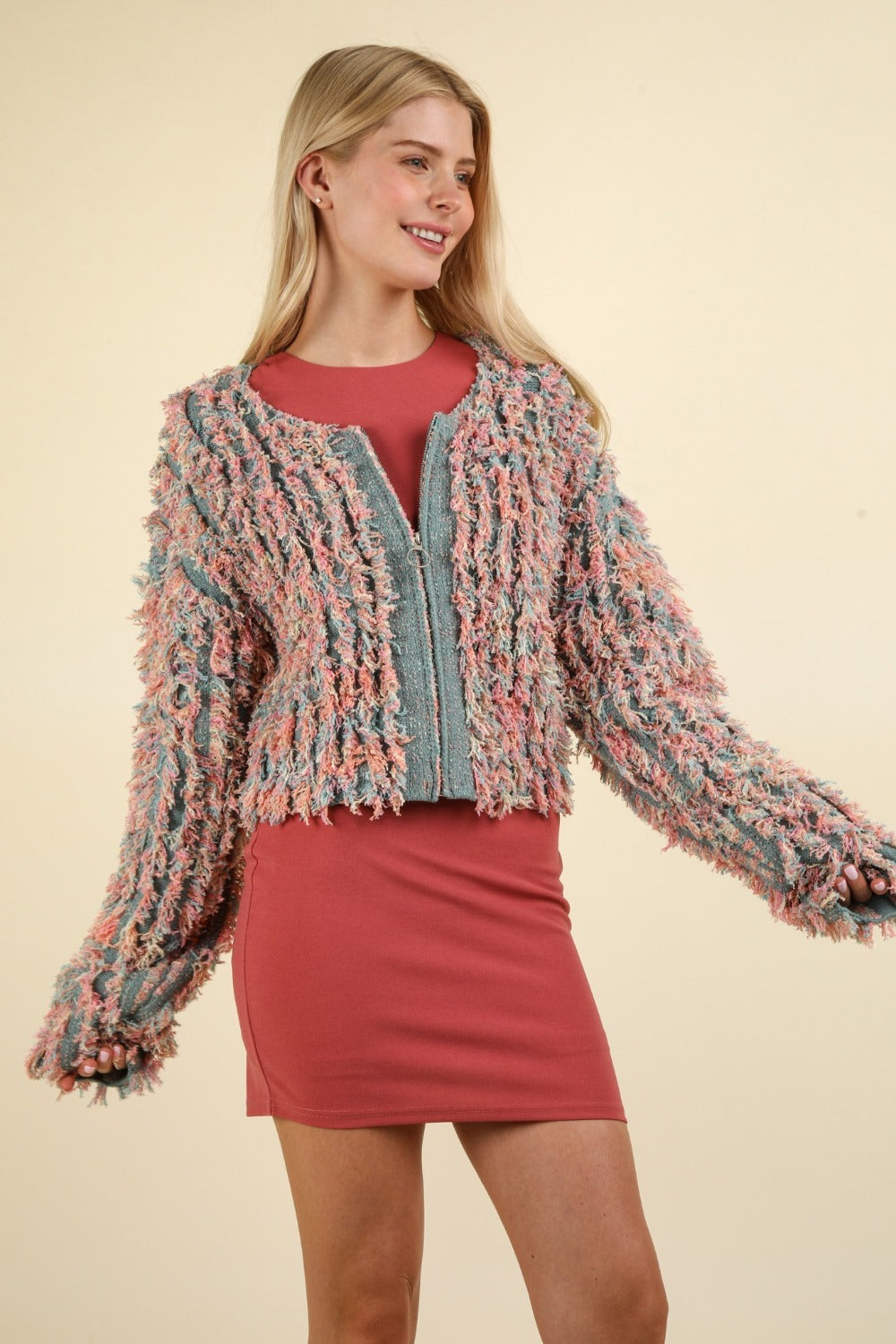 VERY J Shaggy Yarn Knit Zip Up Jacket 13604 | Gulf Resellers