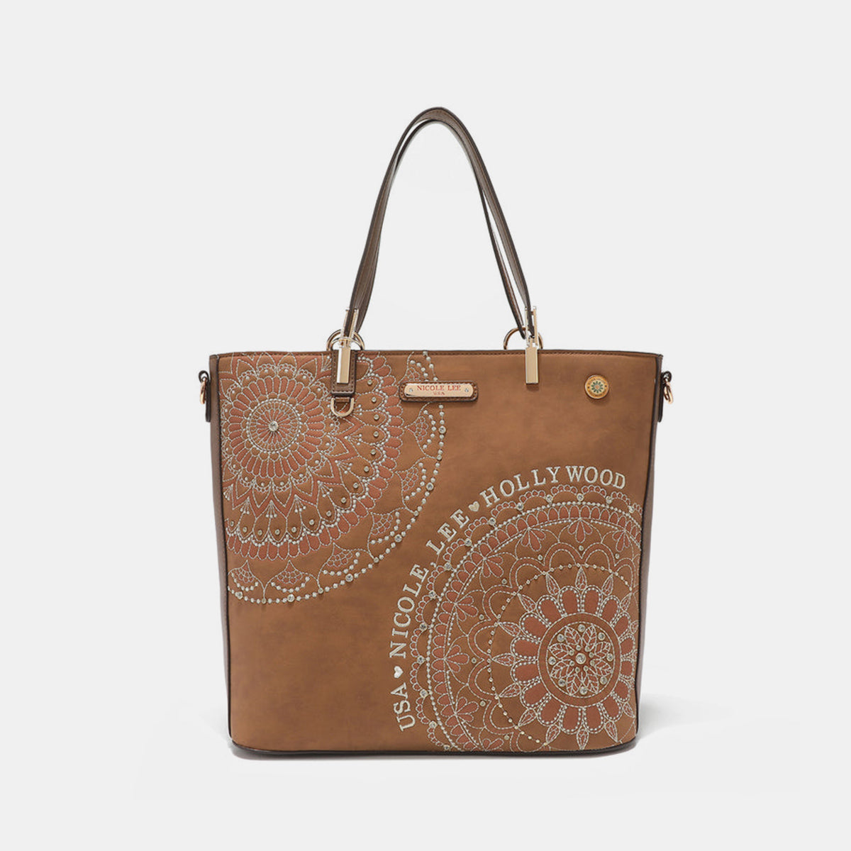 Nicole Lee USA Metallic Stitching Embroidery Inlaid Rhinestone Tote Bag 5687 | Gulf Resellers
