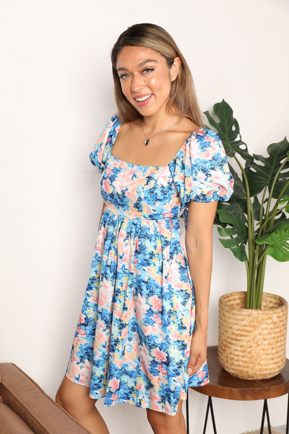 Double Take Floral Square Neck Puff Sleeve Dress | Gulf Resellers