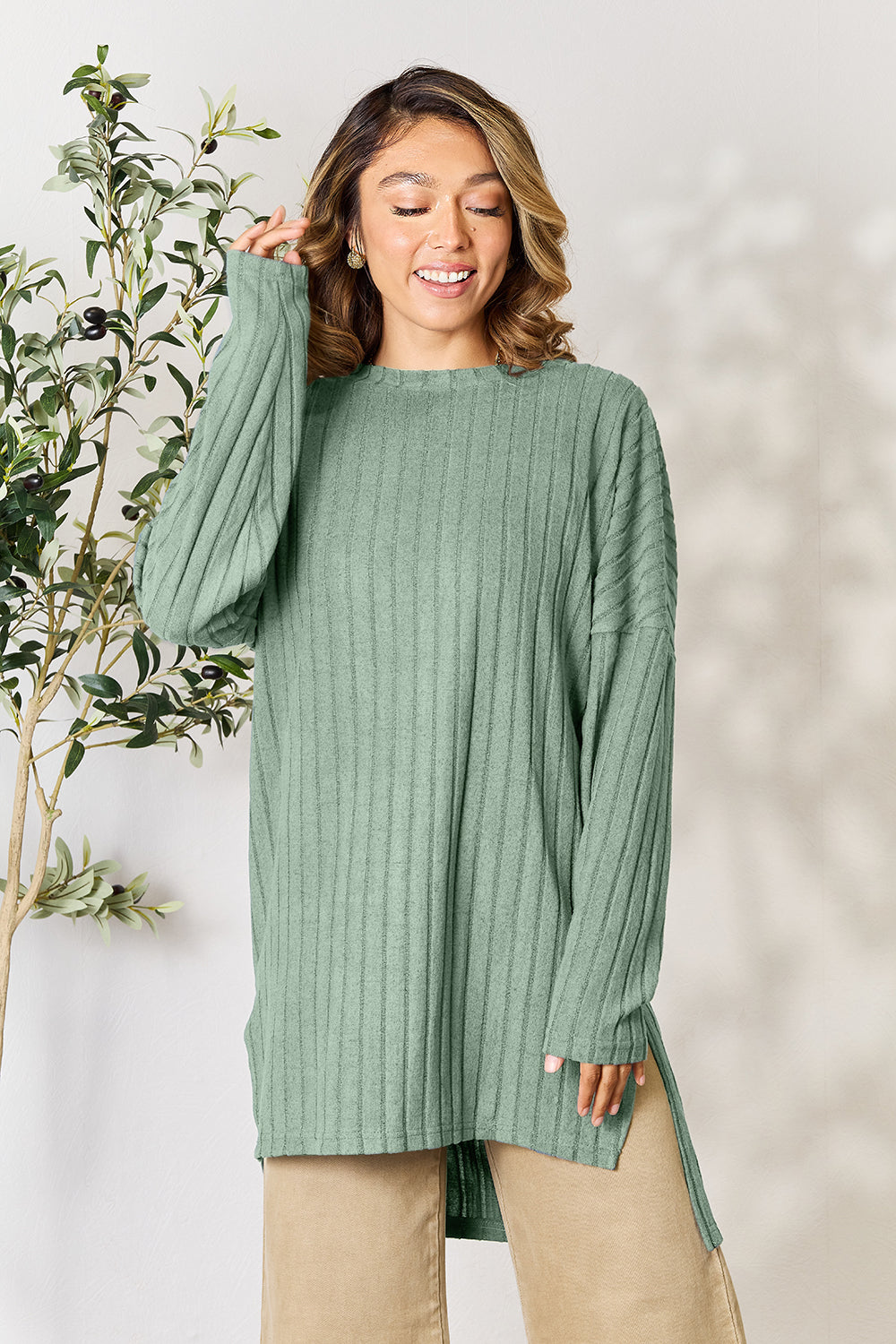 Basic Bae Full Size Ribbed Round Neck Long Sleeve Slit Top | Gulf Resellers