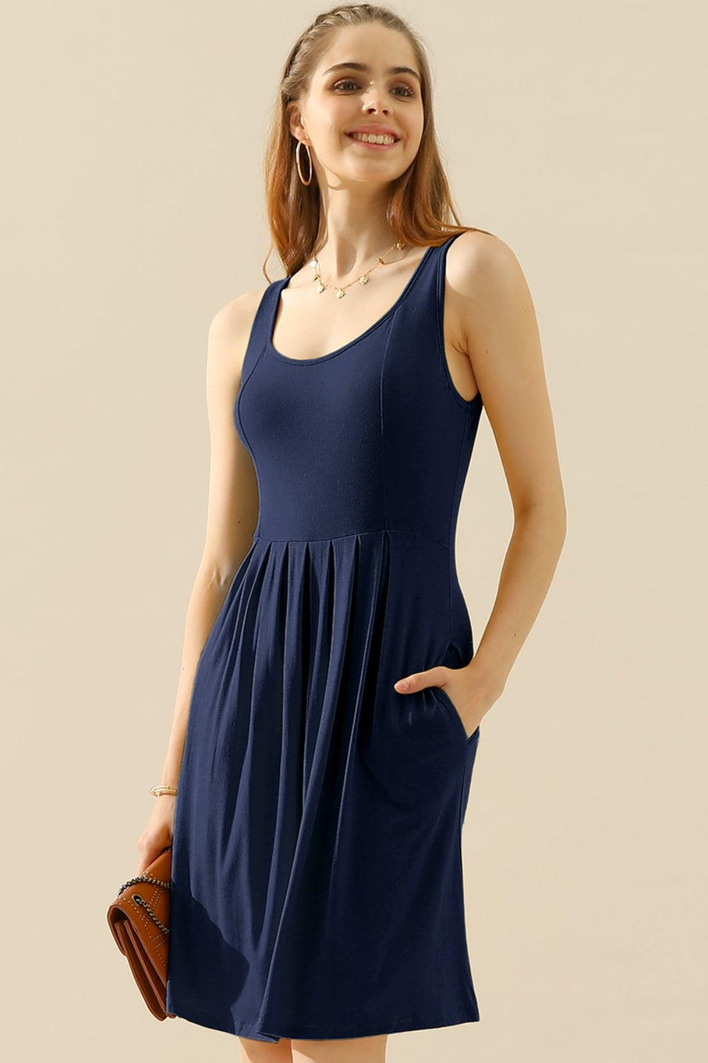 Doublju Full Size Round Neck Ruched Sleeveless Dress with Pockets | Gulf Resellers