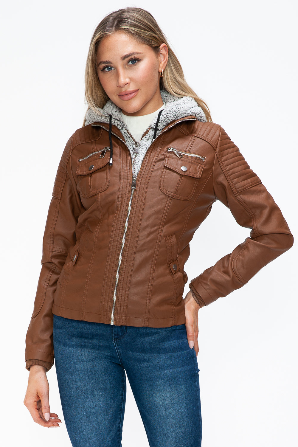 YMI Removable Faux Layered Multi-Pocket Jacket with Fuzzy Hood 15785 | Gulf Resellers
