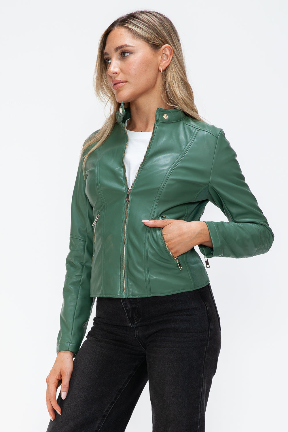 Snobbish Faux Leather Zip Up Drawstring Hooded Jacket 15858 | Gulf Resellers