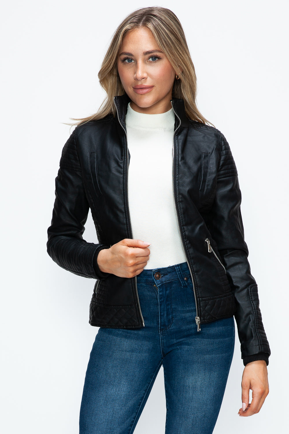 YMI Faux Layered Double-Zipper Jacket with Fuzzy Hood 15657 | Gulf Resellers