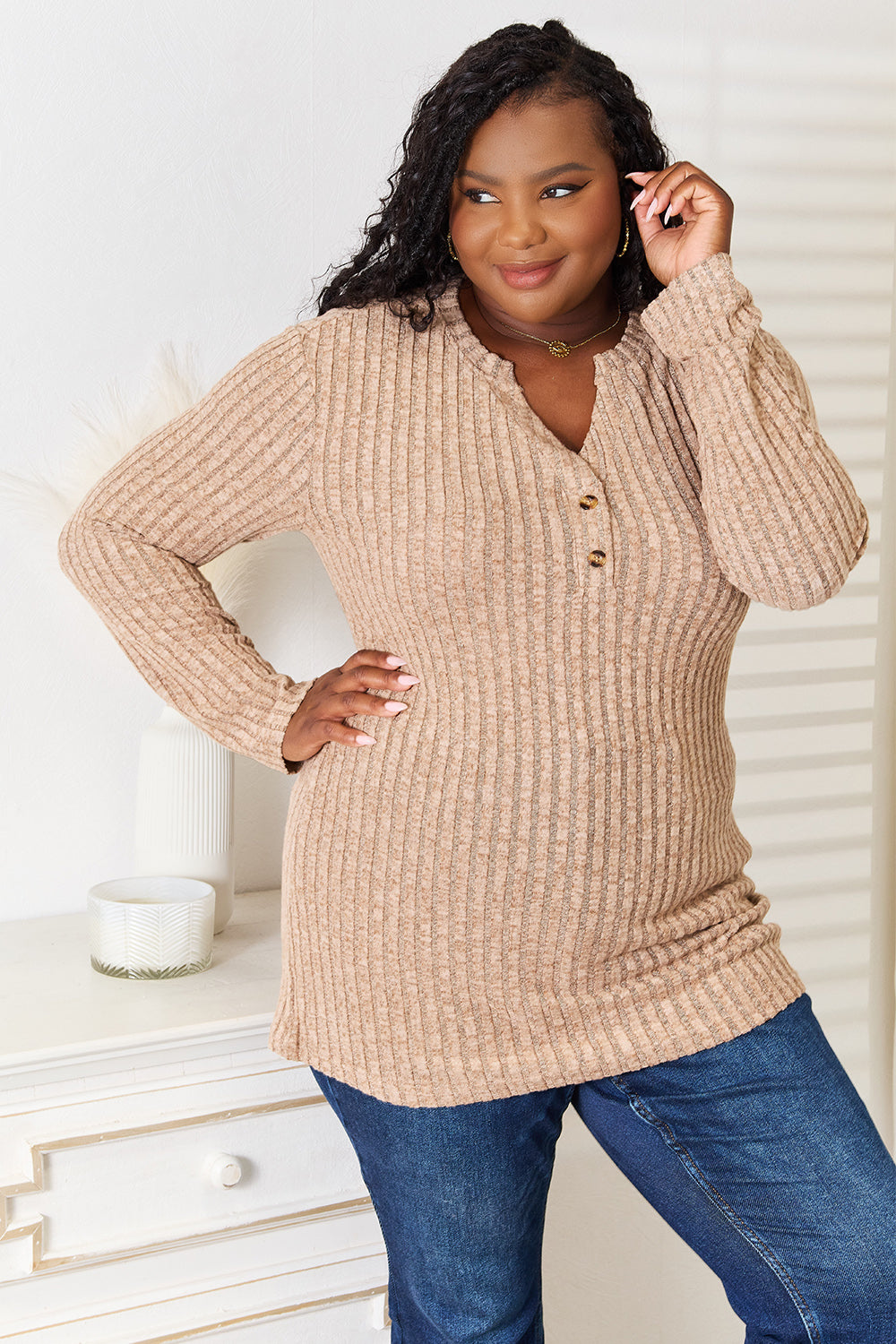 Double Take Notched Neck Ribbed Long Sleeve T-Shirt | Gulf Resellers