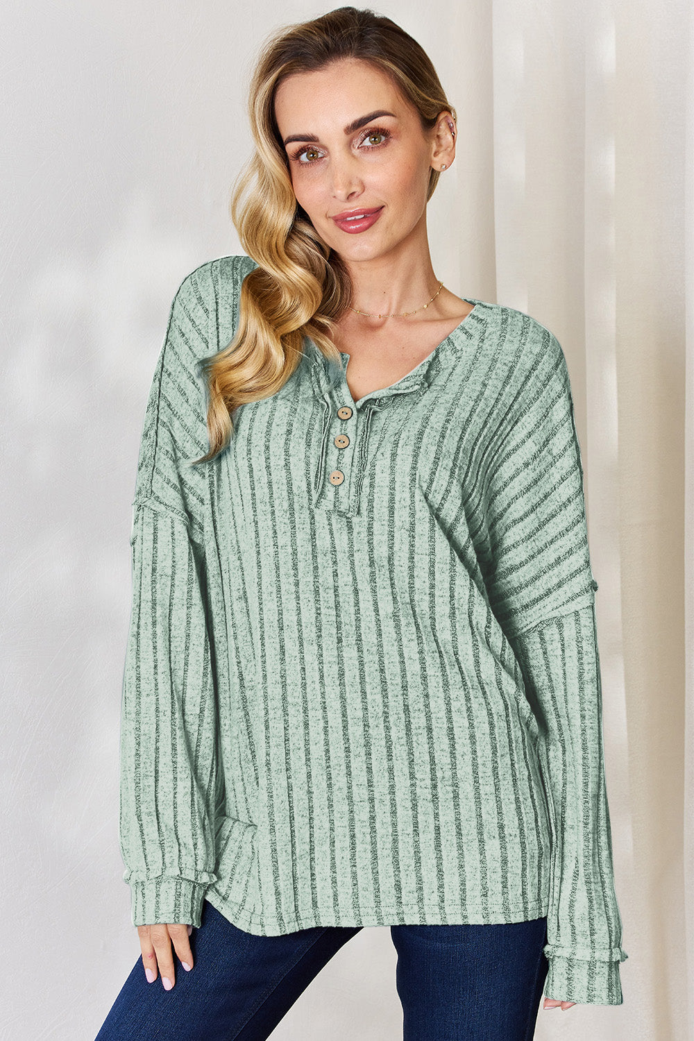 Basic Bae Full Size Ribbed Half Button Long Sleeve T-Shirt | Gulf Resellers