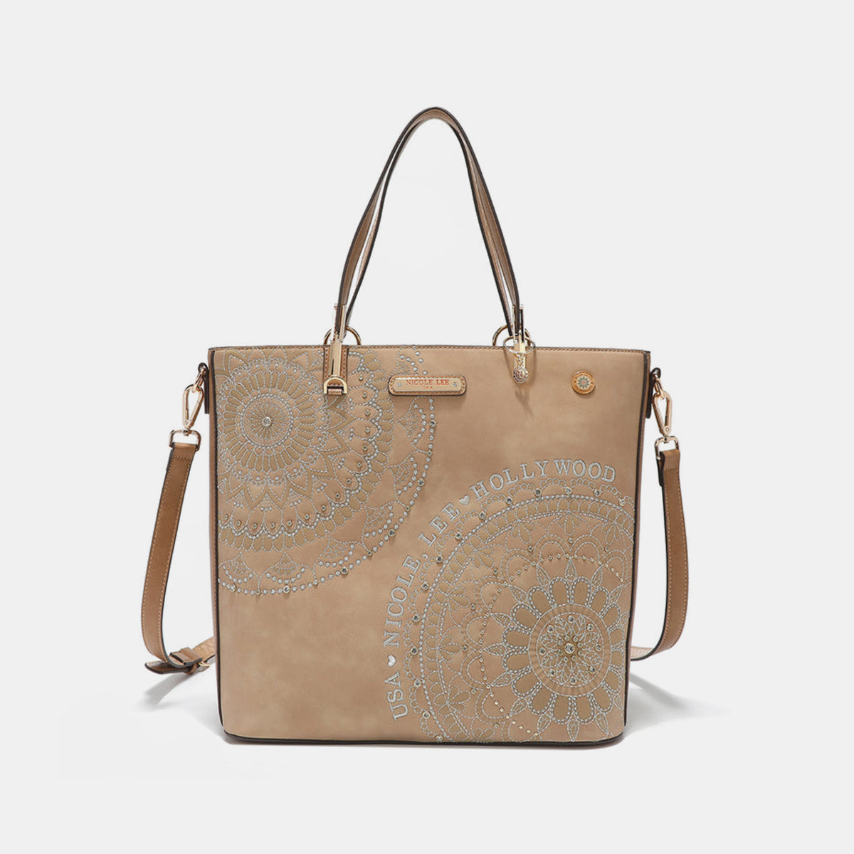 Nicole Lee USA Metallic Stitching Embroidery Inlaid Rhinestone Tote Bag 5697 | Gulf Resellers