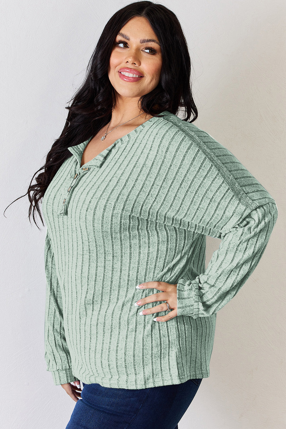Basic Bae Full Size Ribbed Half Button Long Sleeve T-Shirt | Gulf Resellers