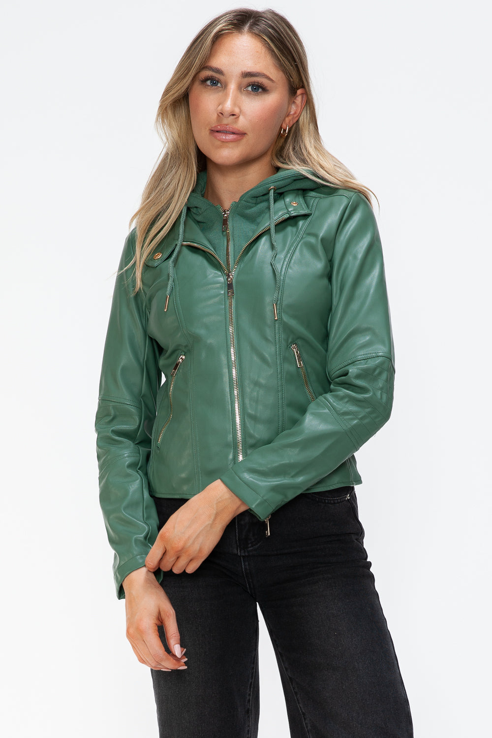 Snobbish Faux Leather Zip Up Drawstring Hooded Jacket 15837 | Gulf Resellers