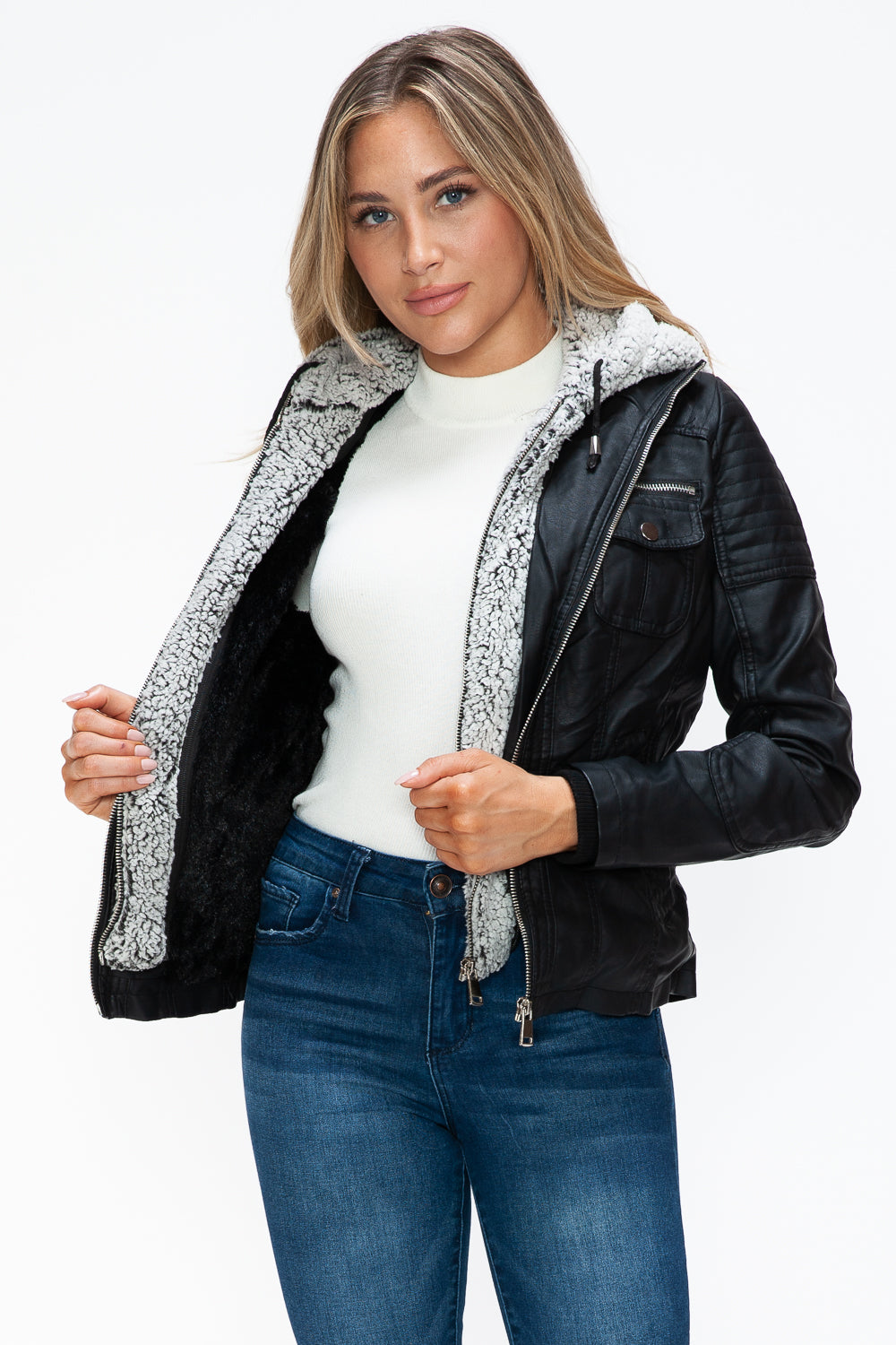 YMI Removable Faux Layered Multi-Pocket Jacket with Fuzzy Hood 15818 | Gulf Resellers