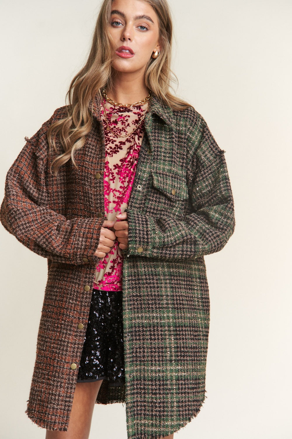 J.NNA Snap Down Tweed Plaid Contrast Longline Shacket 13044 | Gulf Resellers