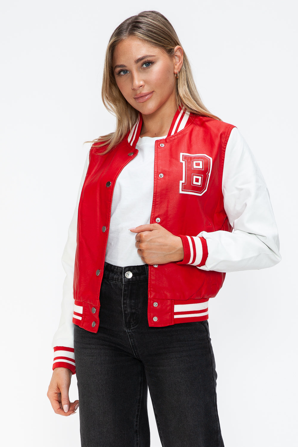 Love Me Now PU Leather Contrast Snap Down Bomber Jacket 15748 | Gulf Resellers