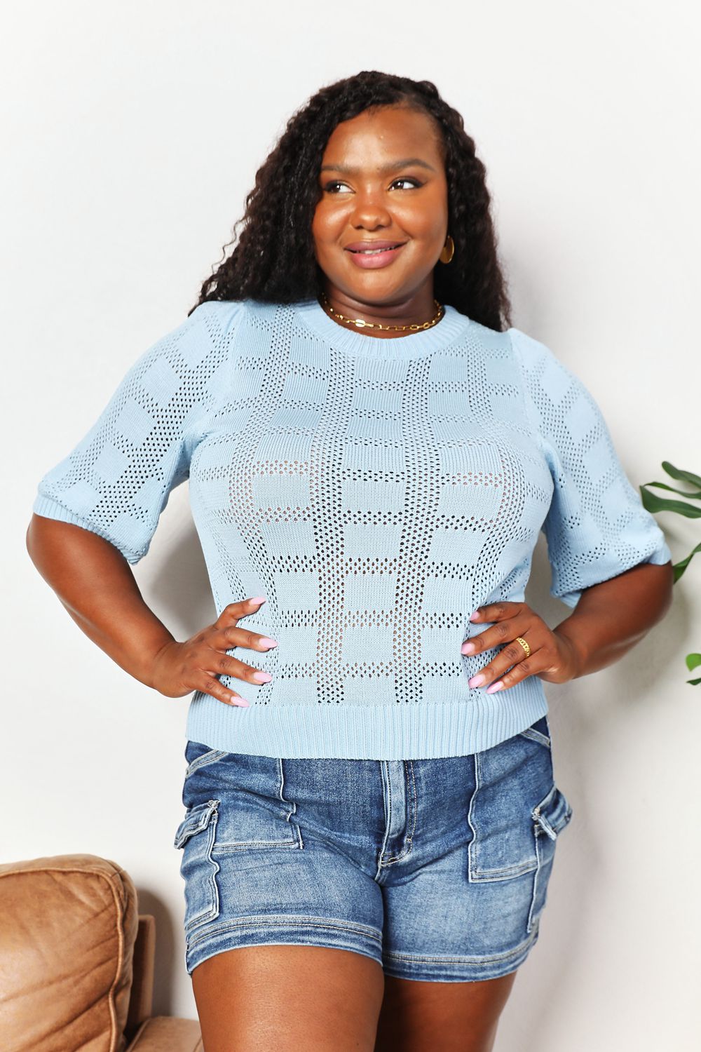 Double Take Ribbed Trim Round Neck Knit Top | Gulf Resellers