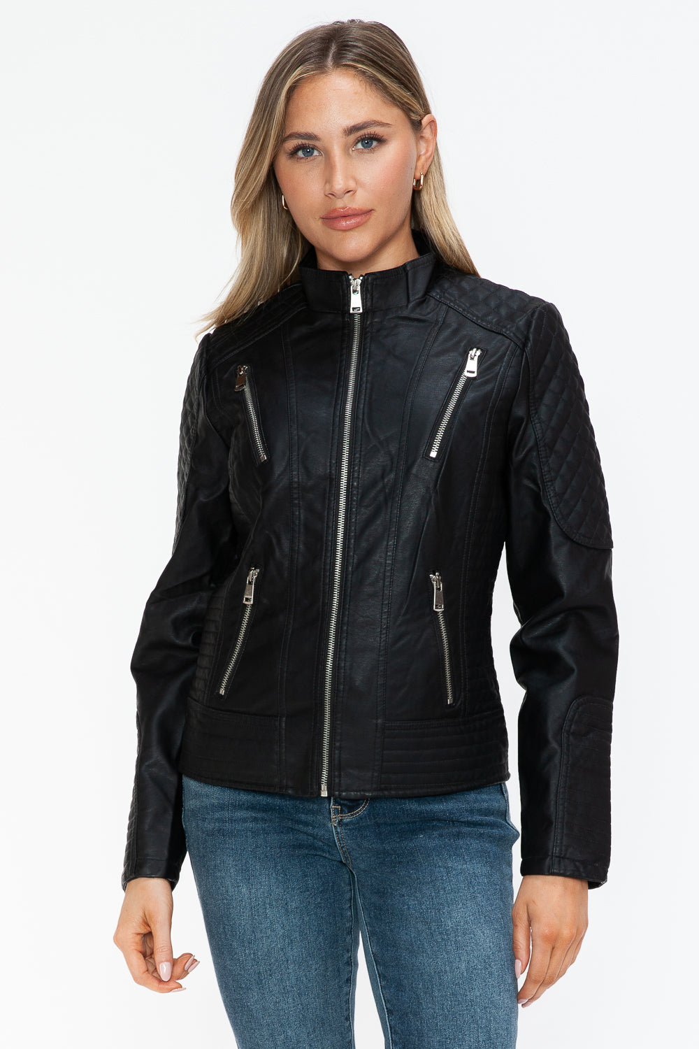Snobbish Faux Leather Zip Up Mock Neck Jacket 16082 | Gulf Resellers