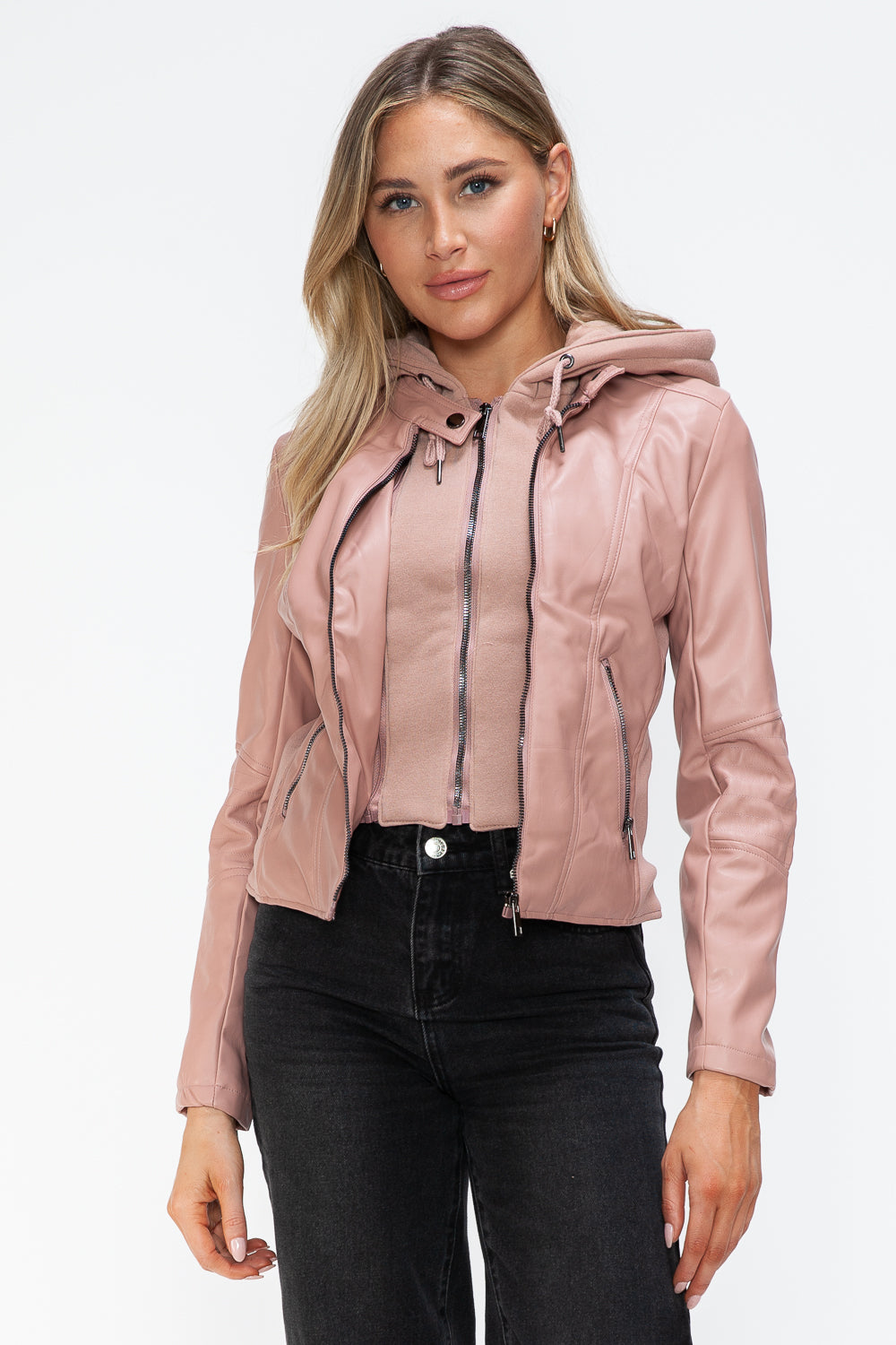 Snobbish Faux Leather Zip Up Drawstring Hooded Jacket 15148 | Gulf Resellers