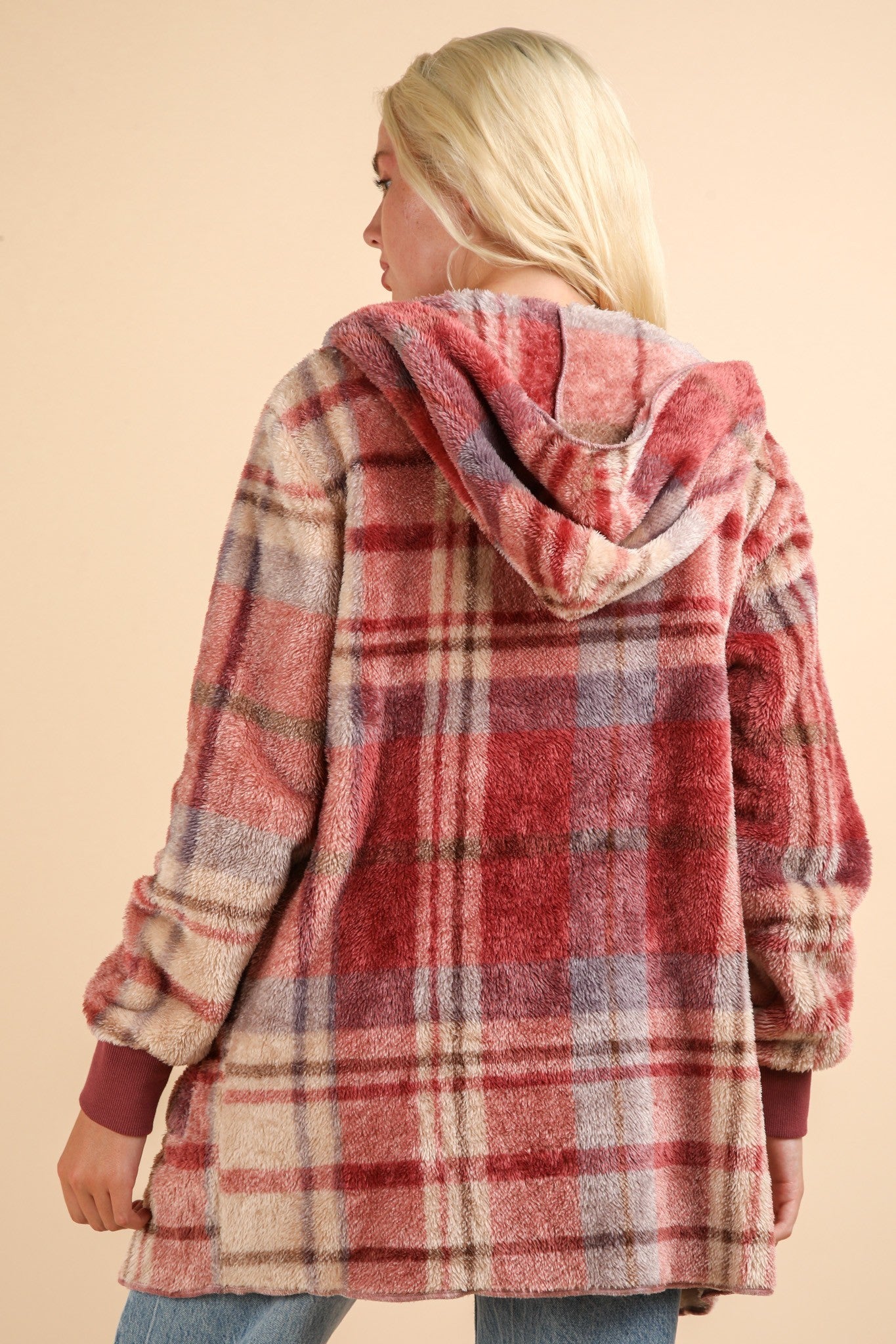 VERY J Fuzzy Plaid Long Sleeve Hooded Jacket 13268 | Gulf Resellers