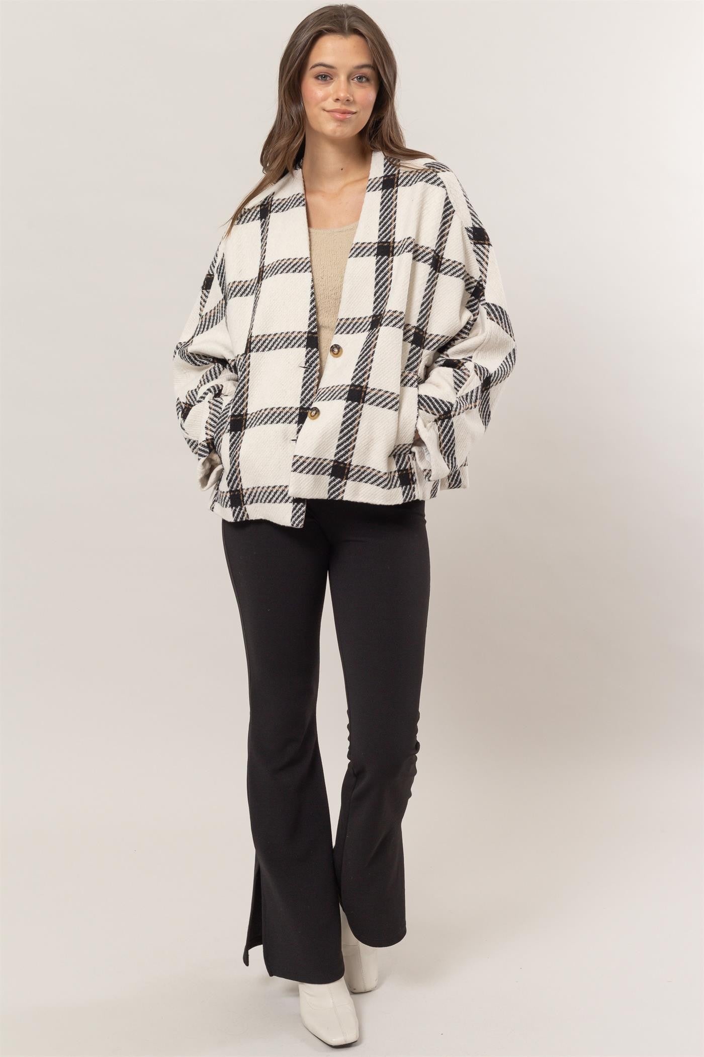 HYFVE Plaid Long Sleeve Jacket with Side Slit Pockets 12477 | Gulf Resellers