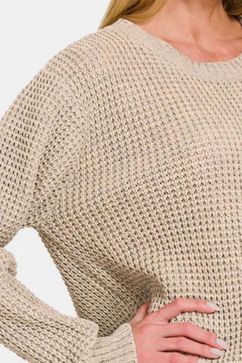 Zenana High Low Long Sleeve Waffle Sweater 12256 | Gulf Resellers