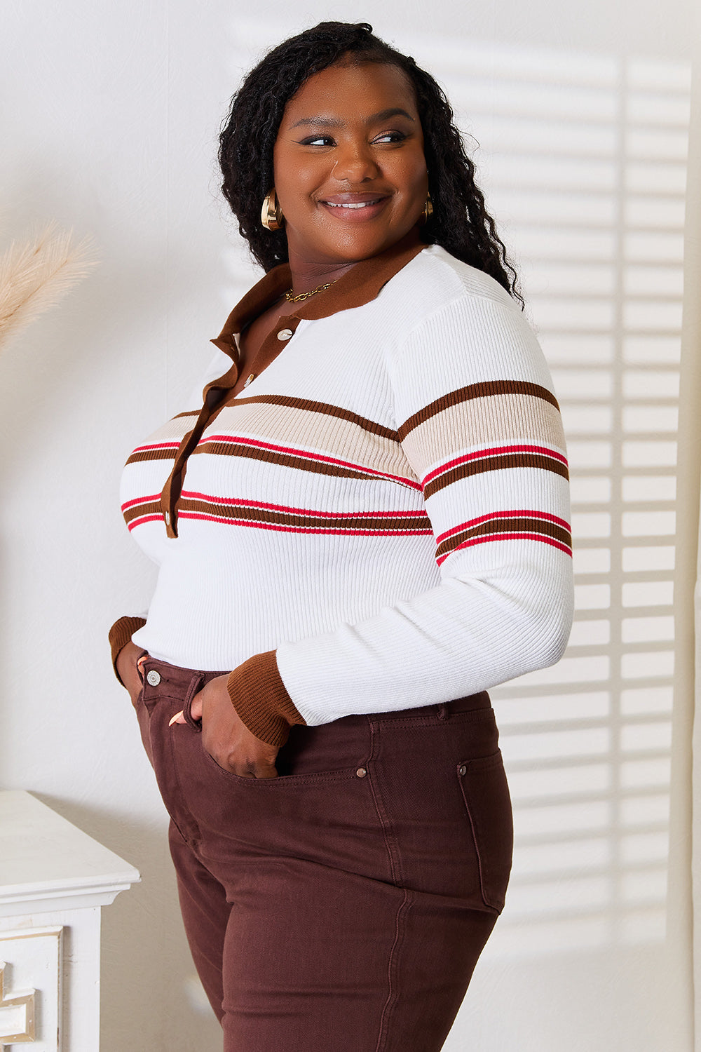 Basic Bae Striped Collared Neck Rib-Knit Top | Gulf Resellers