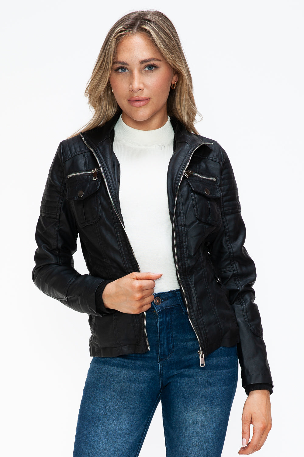 YMI Removable Faux Layered Multi-Pocket Jacket with Fuzzy Hood 15819 | Gulf Resellers