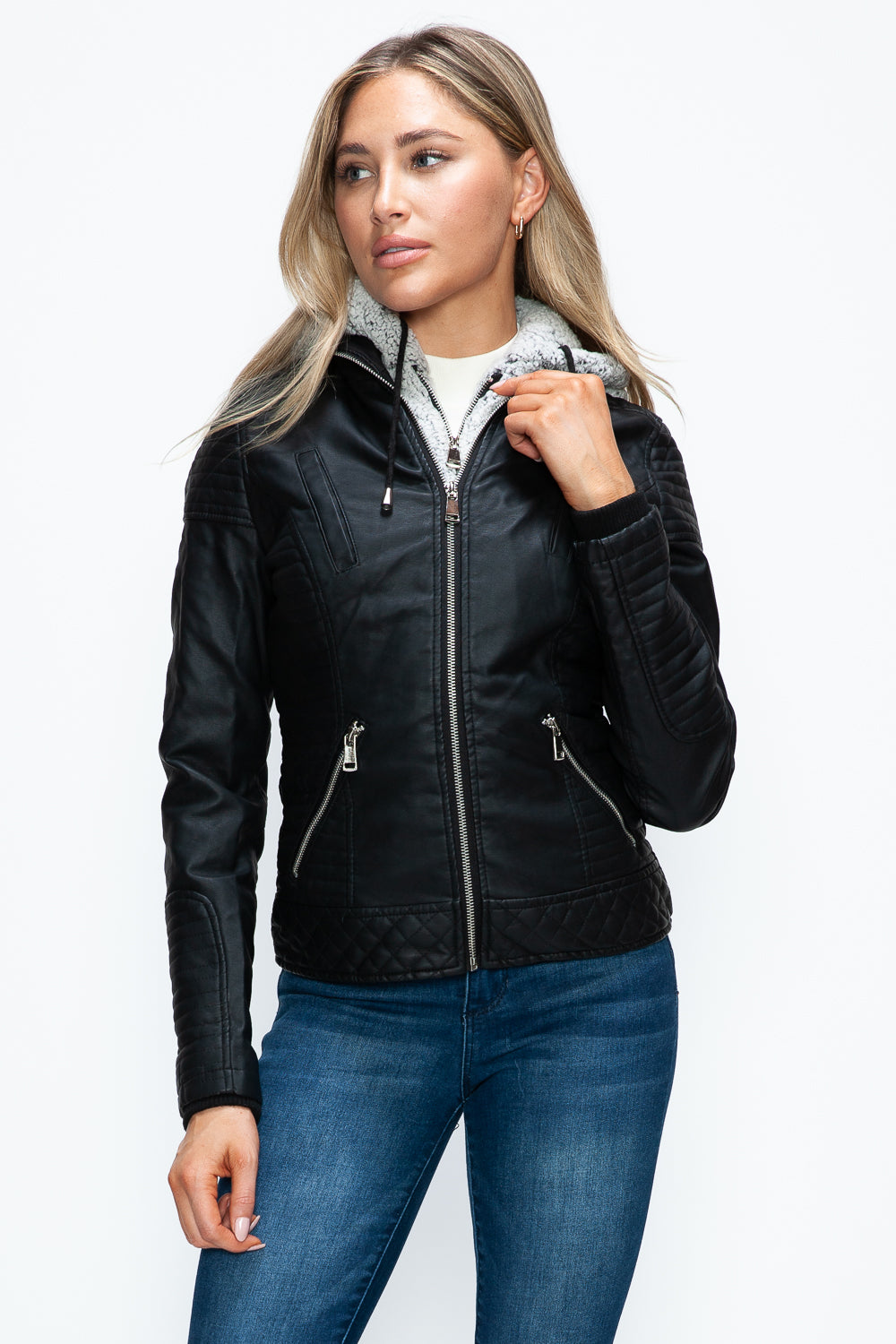 YMI Faux Layered Double-Zipper Jacket with Fuzzy Hood 15642 | Gulf Resellers