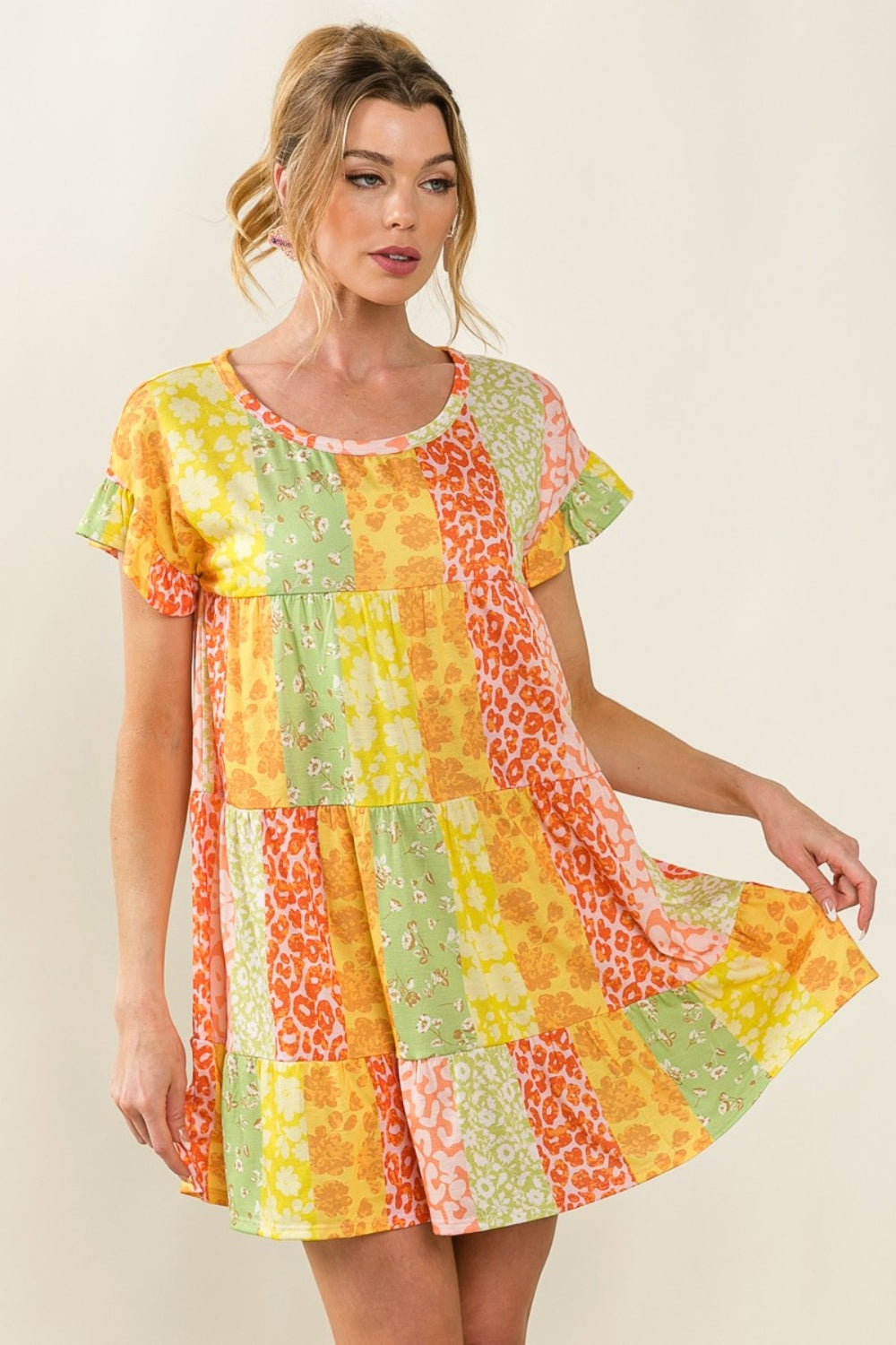 BiBi Leopard Short Sleeve Tiered Dress 5519 | Gulf Resellers