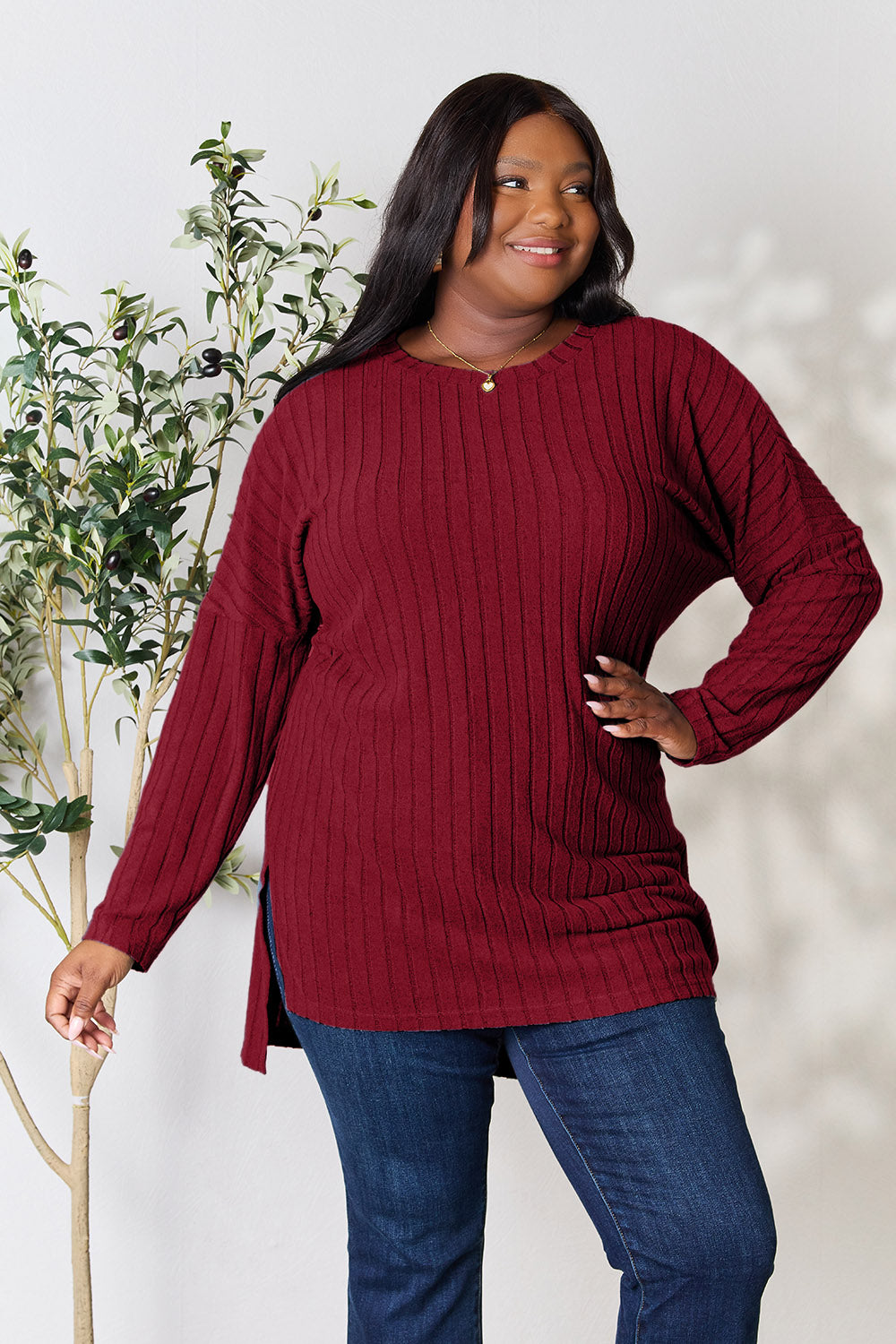 Basic Bae Full Size Ribbed Round Neck Long Sleeve Slit Top | Gulf Resellers