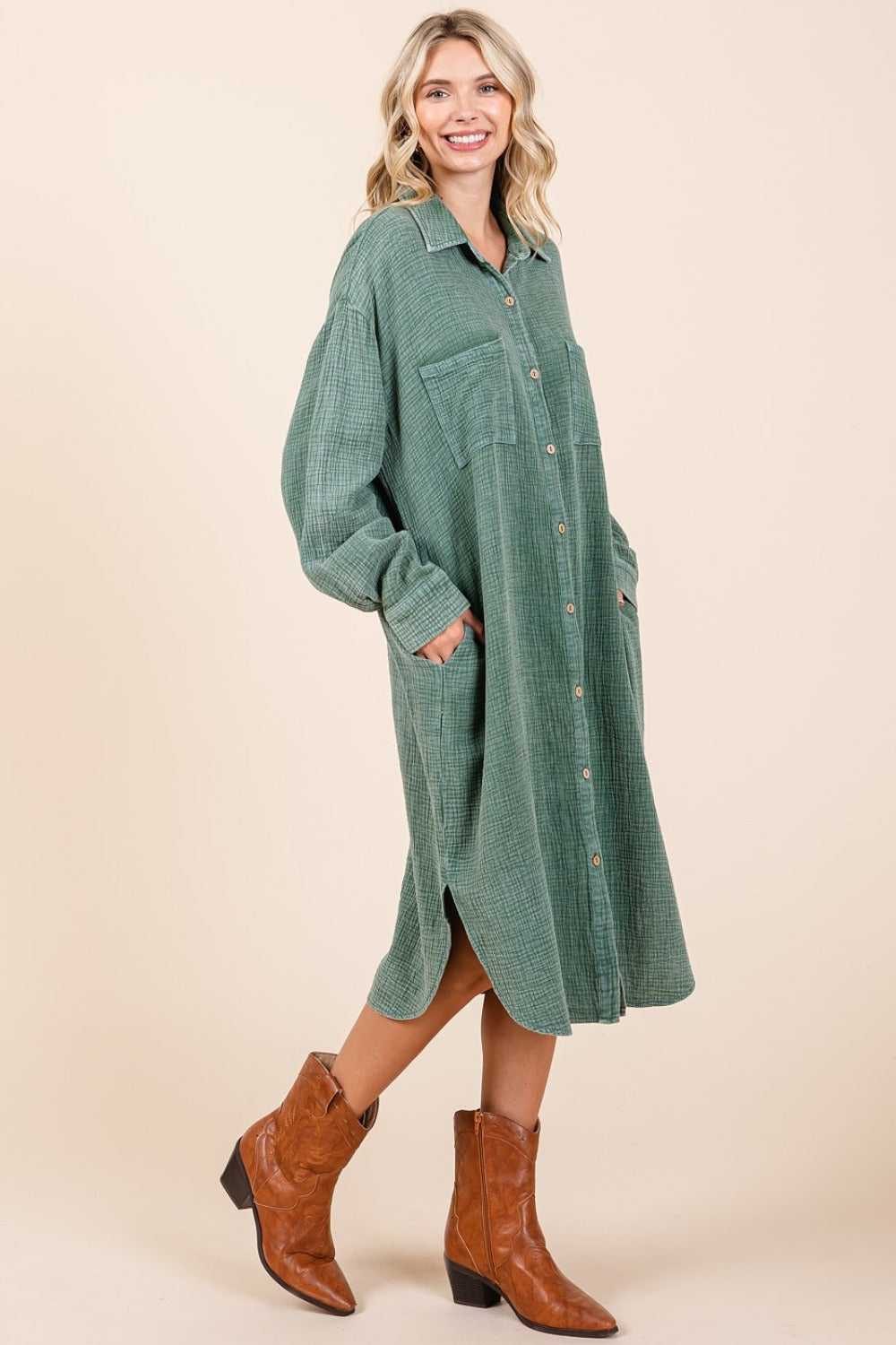 Mittoshop Mineral Wash Cotton Gauze Midi Shirt Dress 9488 | Gulf Resellers