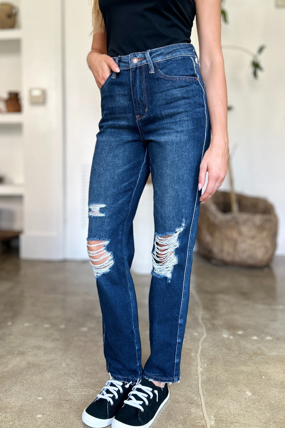 Judy Blue Full Size High Waist Rigid Magic Heavy Destroy Straight Jeans 8556 | Gulf Resellers