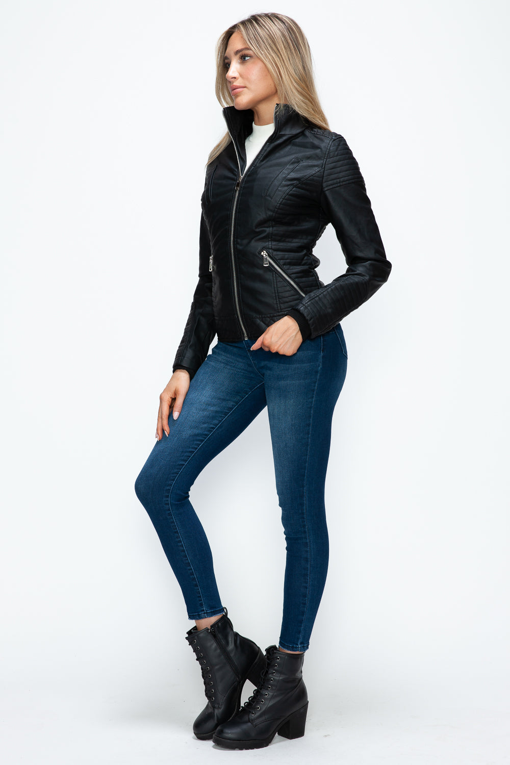 YMI Faux Layered Double-Zipper Jacket with Fuzzy Hood 15654 | Gulf Resellers