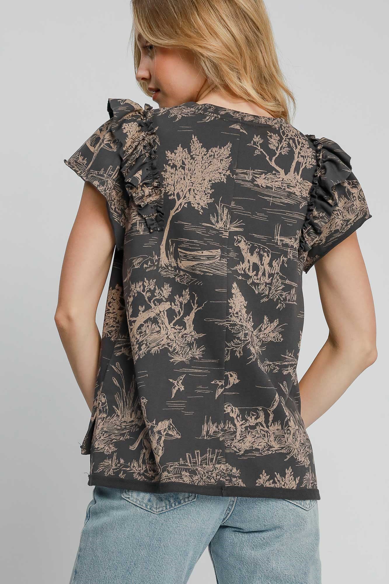 Umgee Ruffled Landscape Print Short Sleeve French Terry Top 18510 | Gulf Resellers