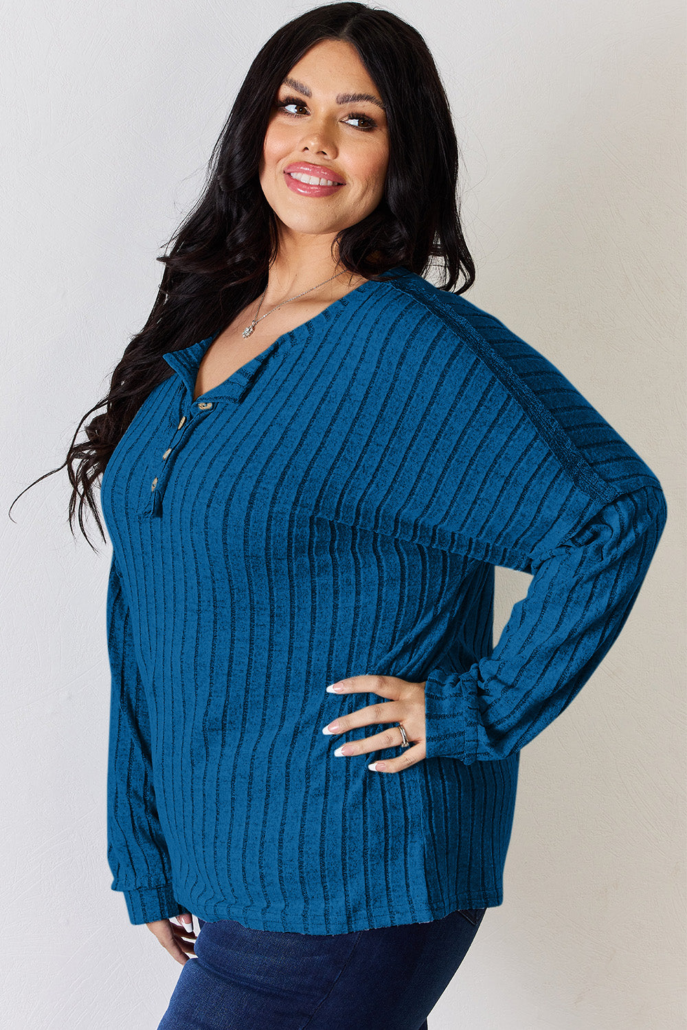 Basic Bae Full Size Ribbed Half Button Long Sleeve T-Shirt | Gulf Resellers