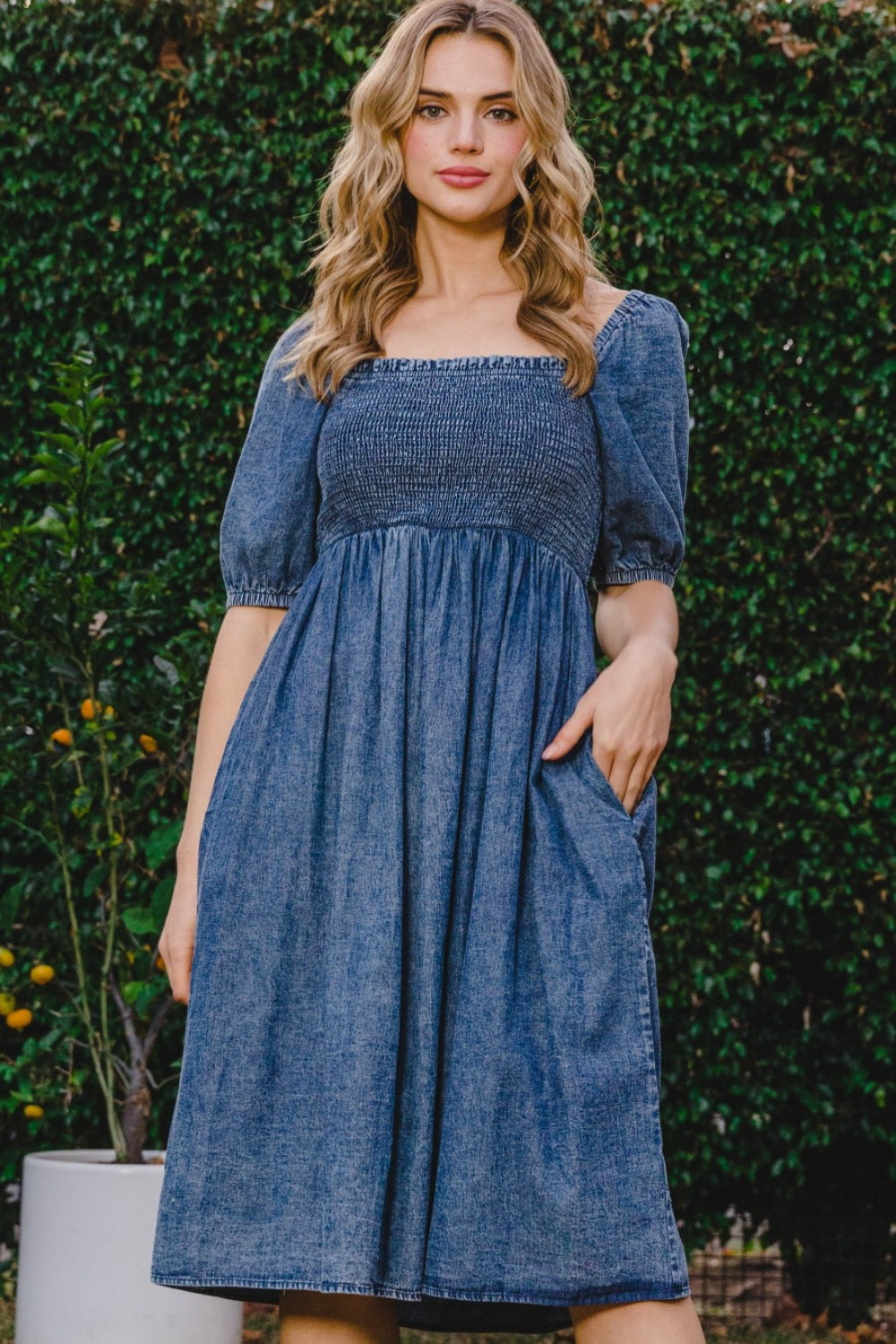 ODDI Full Size Washed Smocked Puff Sleeve Dress 5201 | Gulf Resellers