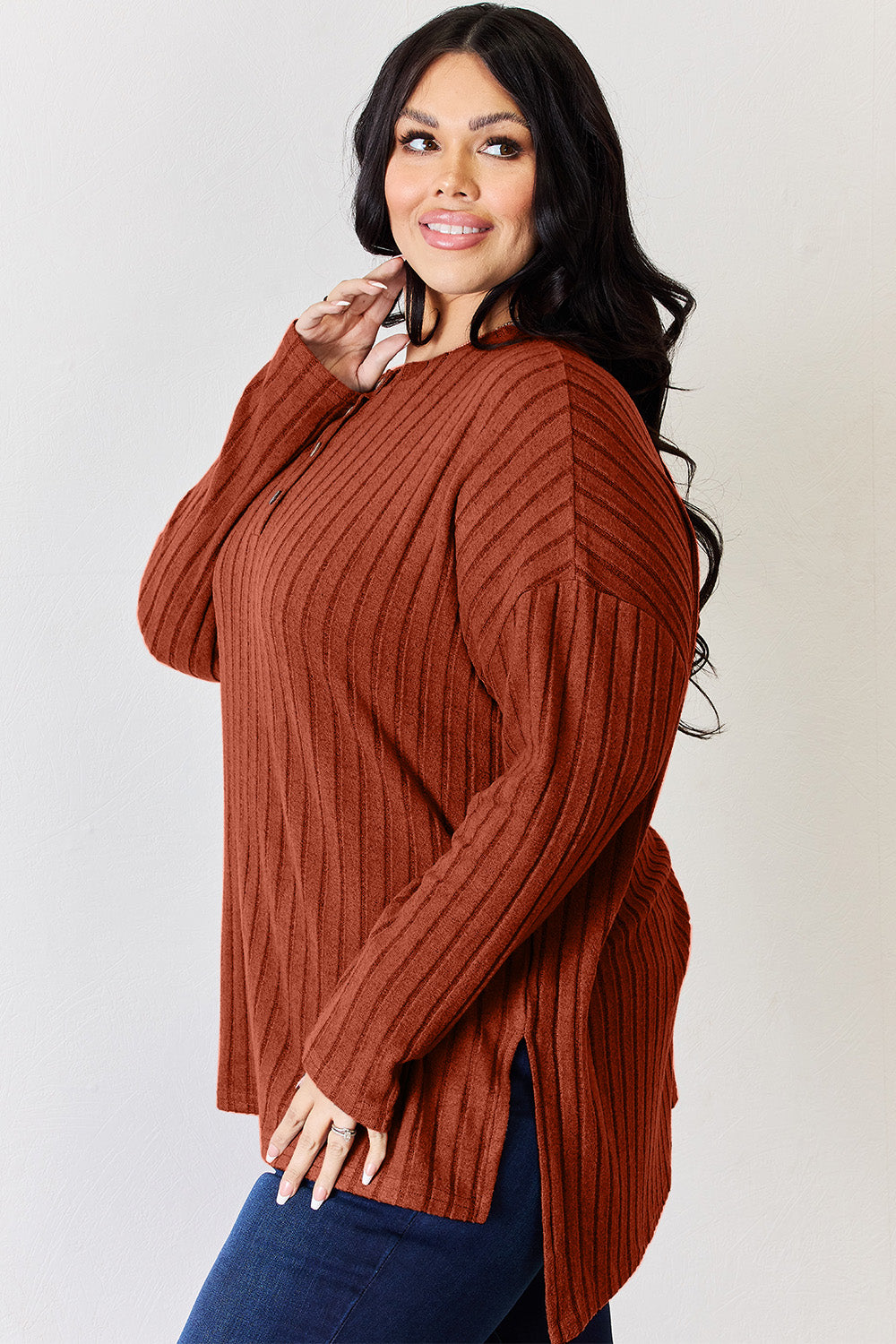 Basic Bae Full Size Ribbed Half Button Long Sleeve High-Low T-Shirt | Gulf Resellers