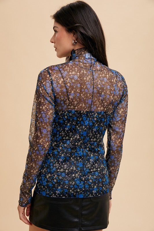 Annie Wear Floral Lettuce Hem Sheer Mesh Top 18753 | Gulf Resellers