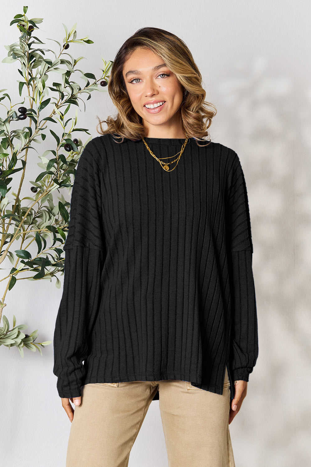 Basic Bae Full Size Ribbed Round Neck Slit Knit Top | Gulf Resellers