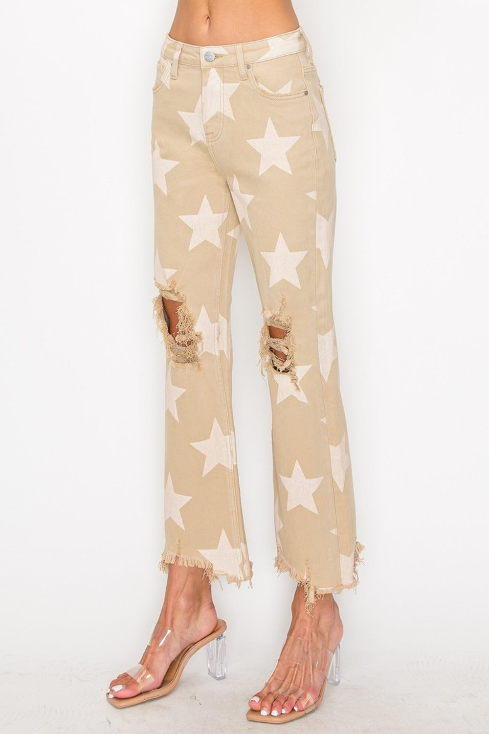 RISEN Full Size High Rise Star Printed Frayed Hem Jeans 8589 | Gulf Resellers