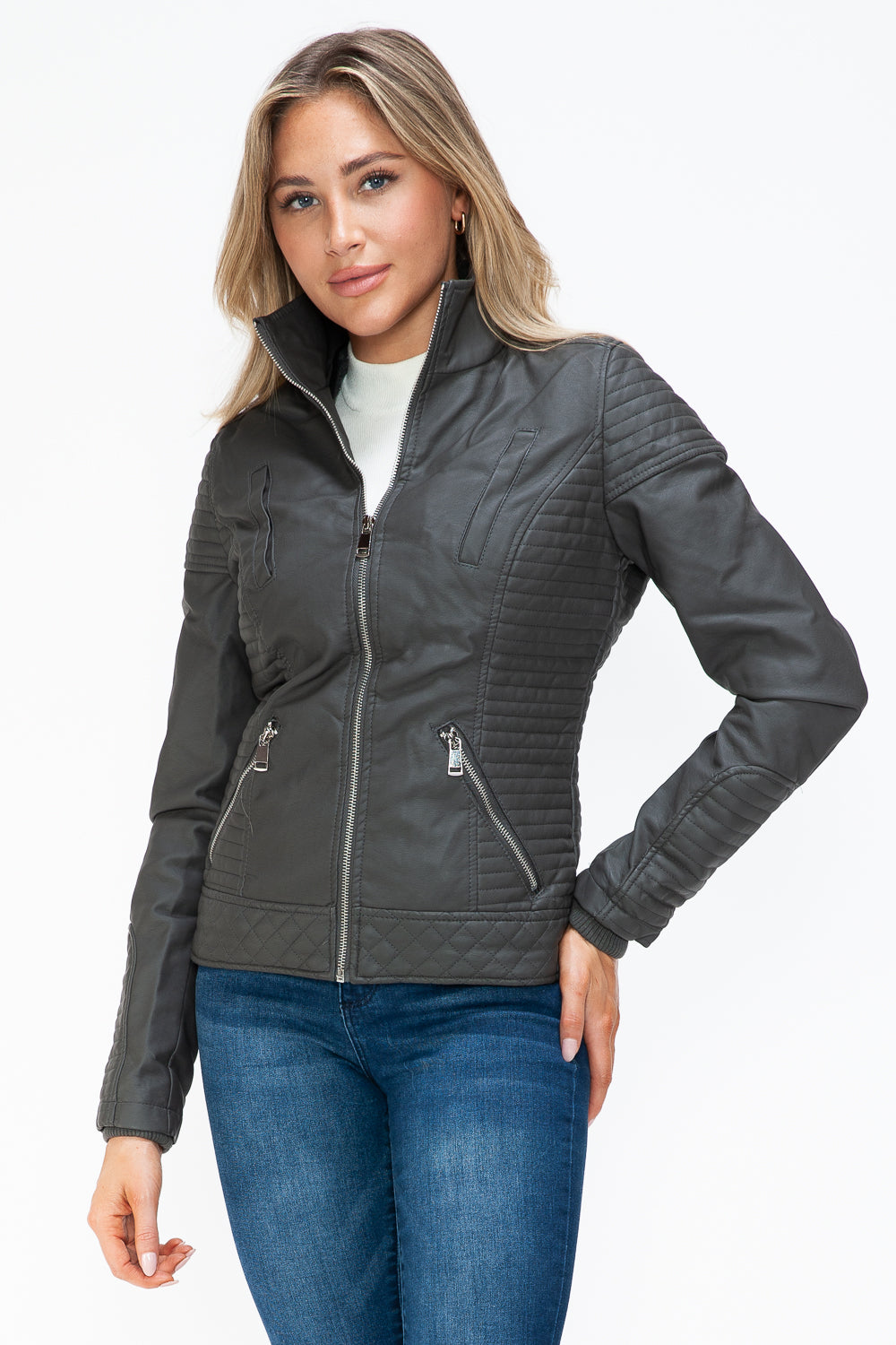 YMI Faux Layered Double-Zipper Jacket with Fuzzy Hood 15389 | Gulf Resellers
