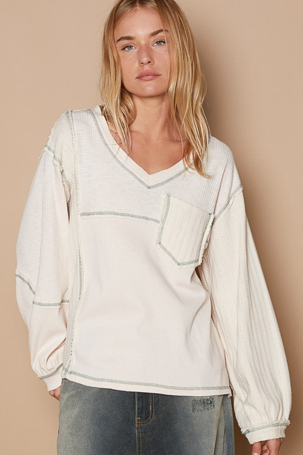 POL V-Neck knit Panel Exposed Seam Top 8273 | Gulf Resellers